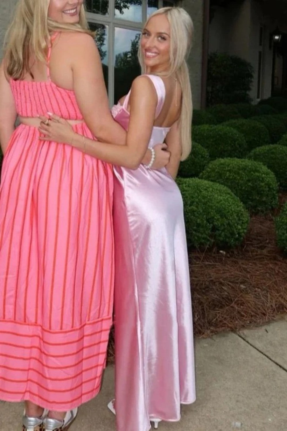 Romantic Pink Satin Long Prom Dress with Vintage Lace Top