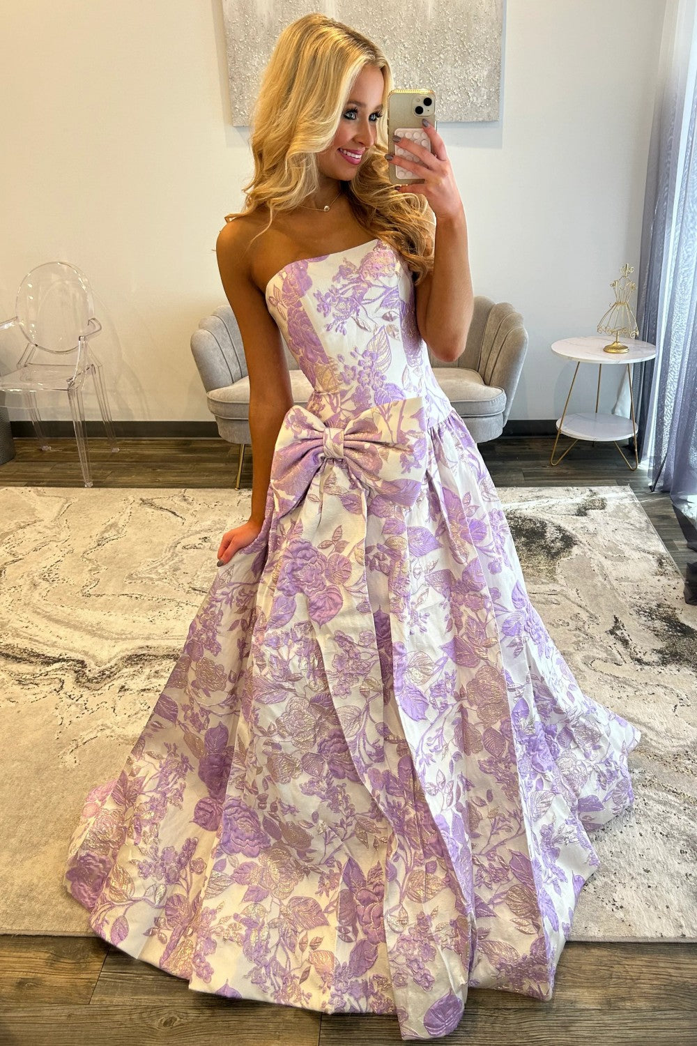 Romantic Purple Floral A-Line Strapless Long Prom Dress with Bow