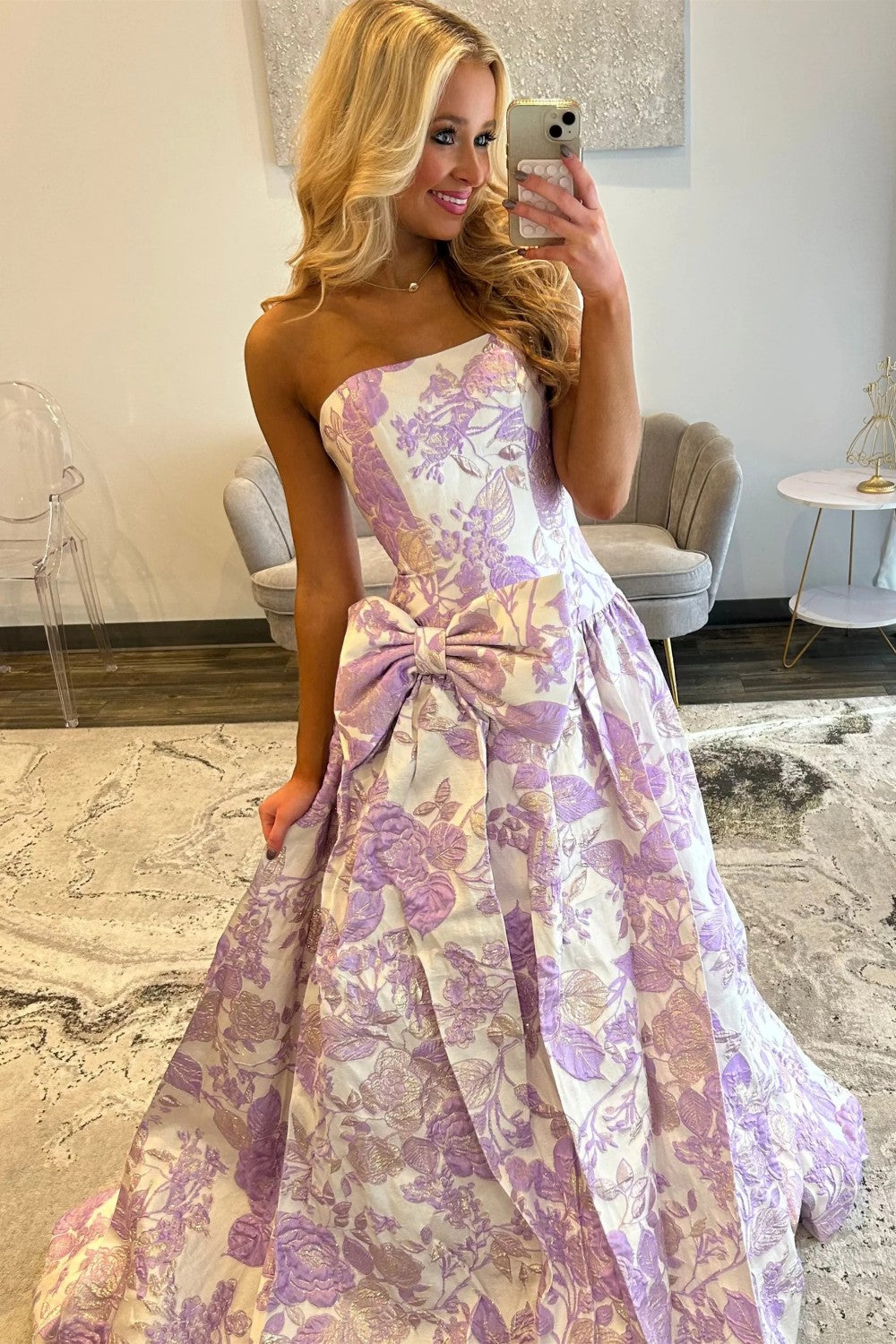 Romantic Purple Floral A-Line Strapless Long Prom Dress with Bow