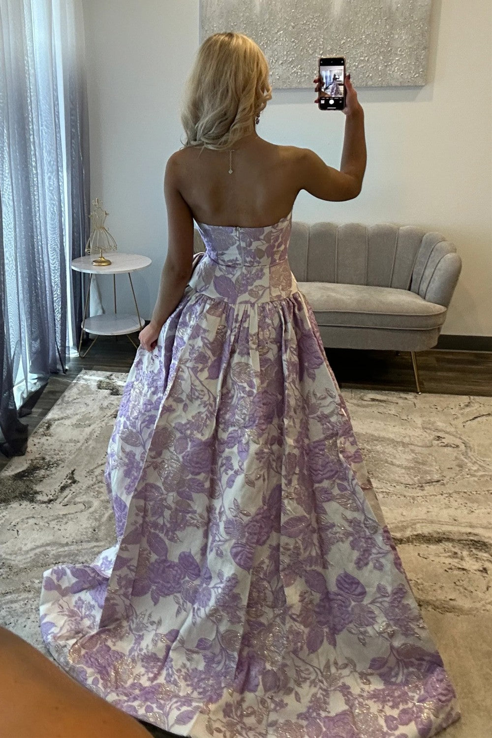 Romantic Purple Floral A-Line Strapless Long Prom Dress with Bow