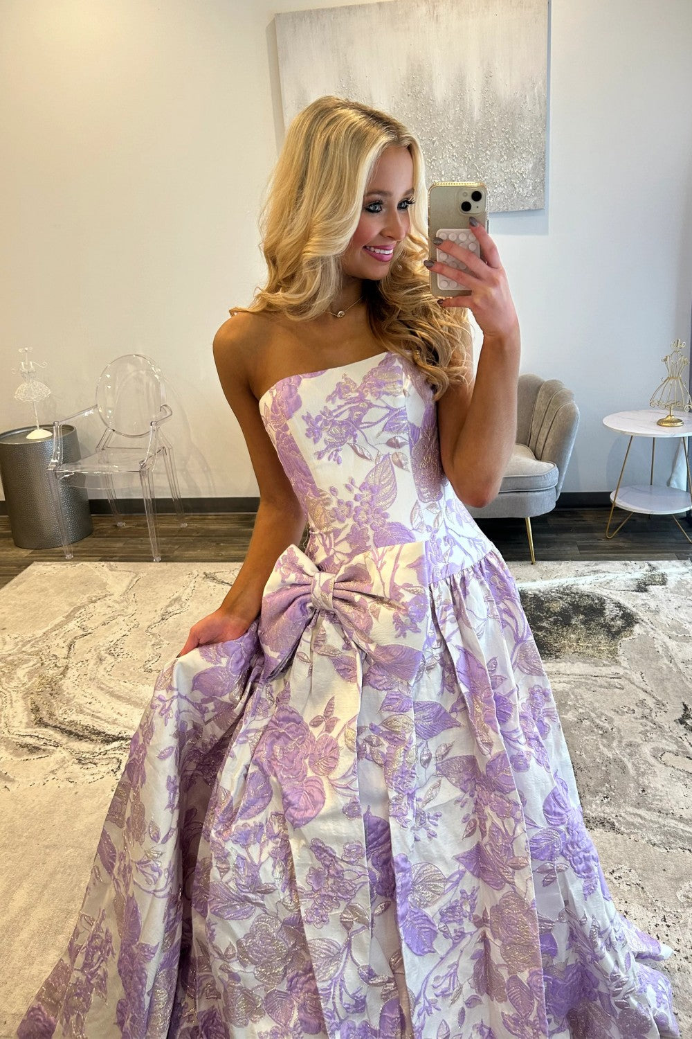 Romantic Purple Floral A-Line Strapless Long Prom Dress with Bow