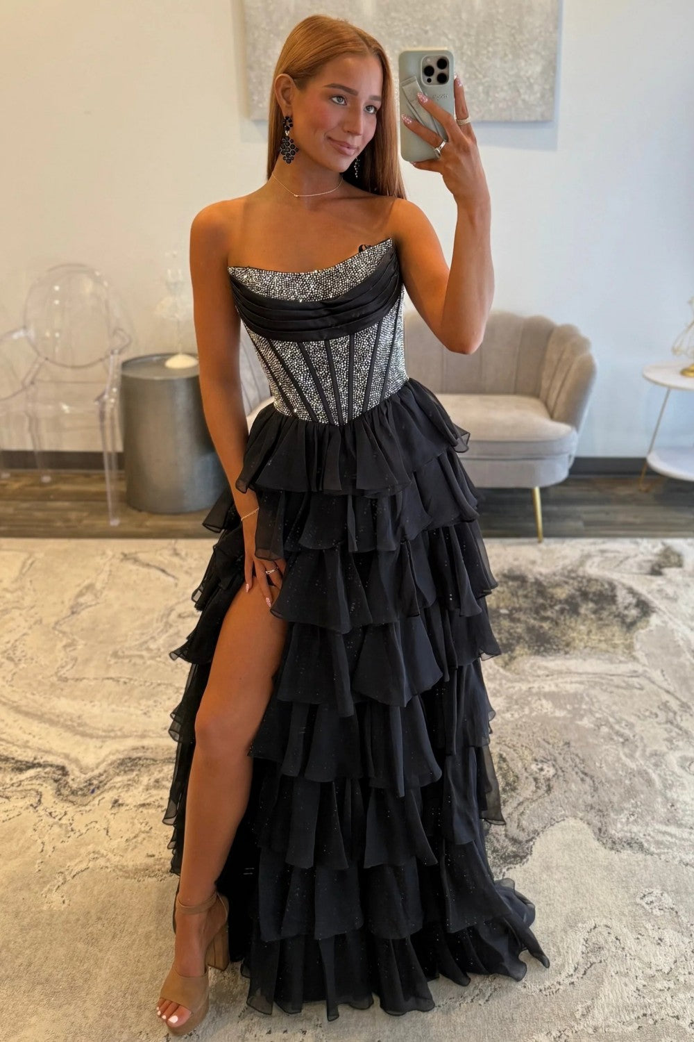 Romantic Red Strapless Tiered Ruffle Prom Dress with Corset Bodice and High Slit