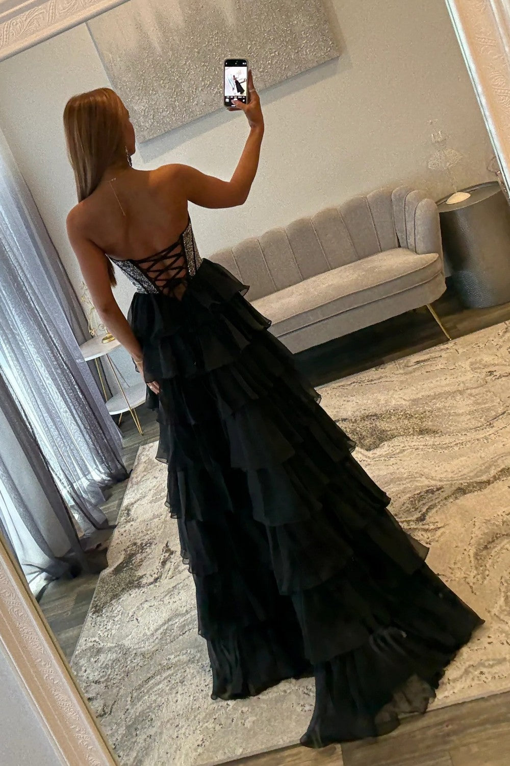 Romantic Red Strapless Tiered Ruffle Prom Dress with Corset Bodice and High Slit