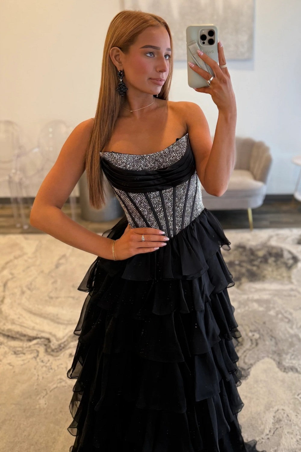 Romantic Red Strapless Tiered Ruffle Prom Dress with Corset Bodice and High Slit