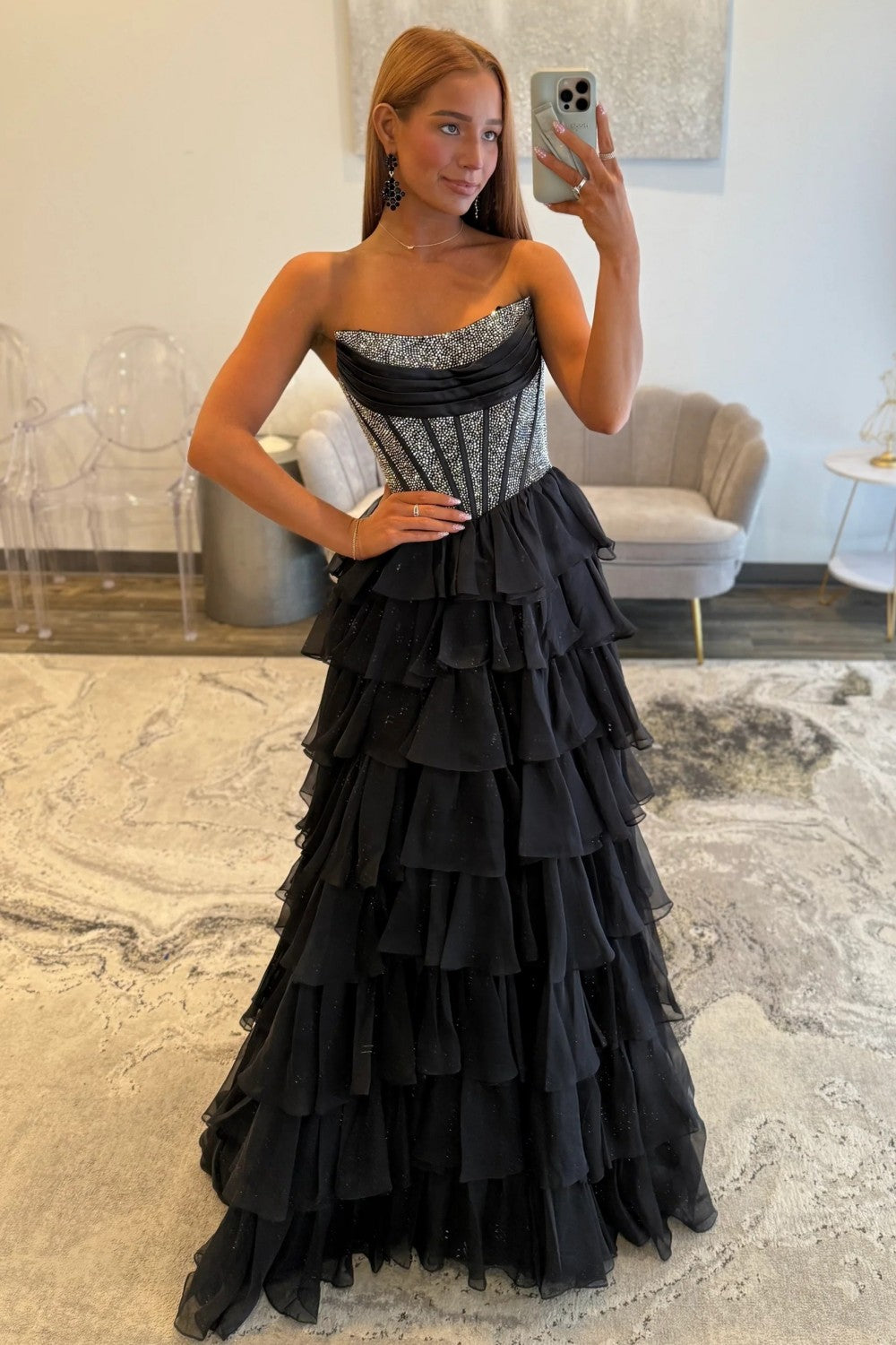 Romantic Red Strapless Tiered Ruffle Prom Dress with Corset Bodice and High Slit