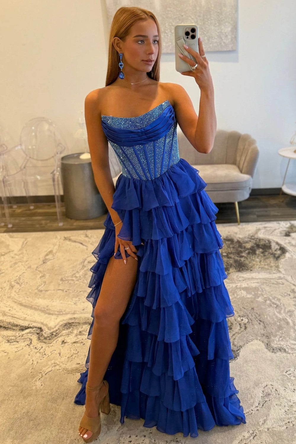 Romantic Red Strapless Tiered Ruffle Prom Dress with Corset Bodice and High Slit