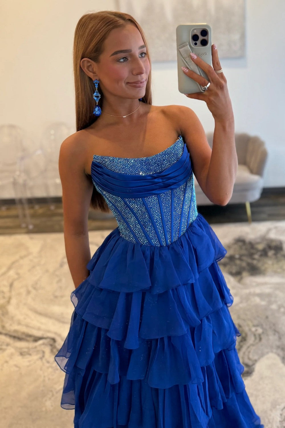 Romantic Red Strapless Tiered Ruffle Prom Dress with Corset Bodice and High Slit