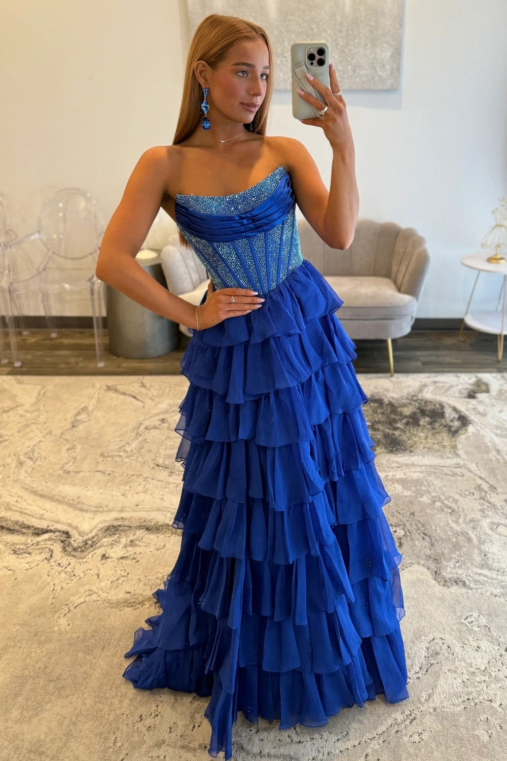 Romantic Red Strapless Tiered Ruffle Prom Dress with Corset Bodice and High Slit