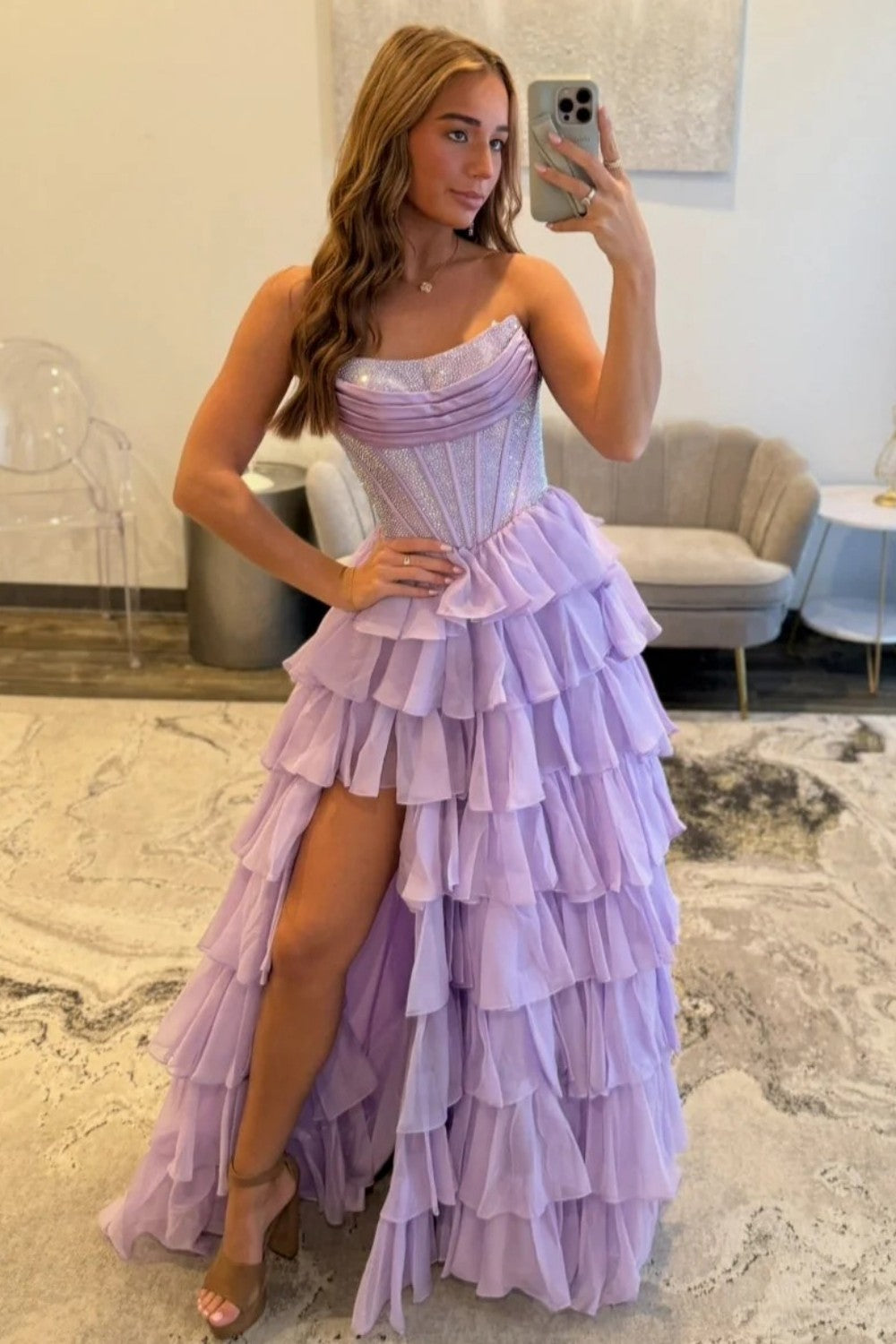 Romantic Red Strapless Tiered Ruffle Prom Dress with Corset Bodice and High Slit