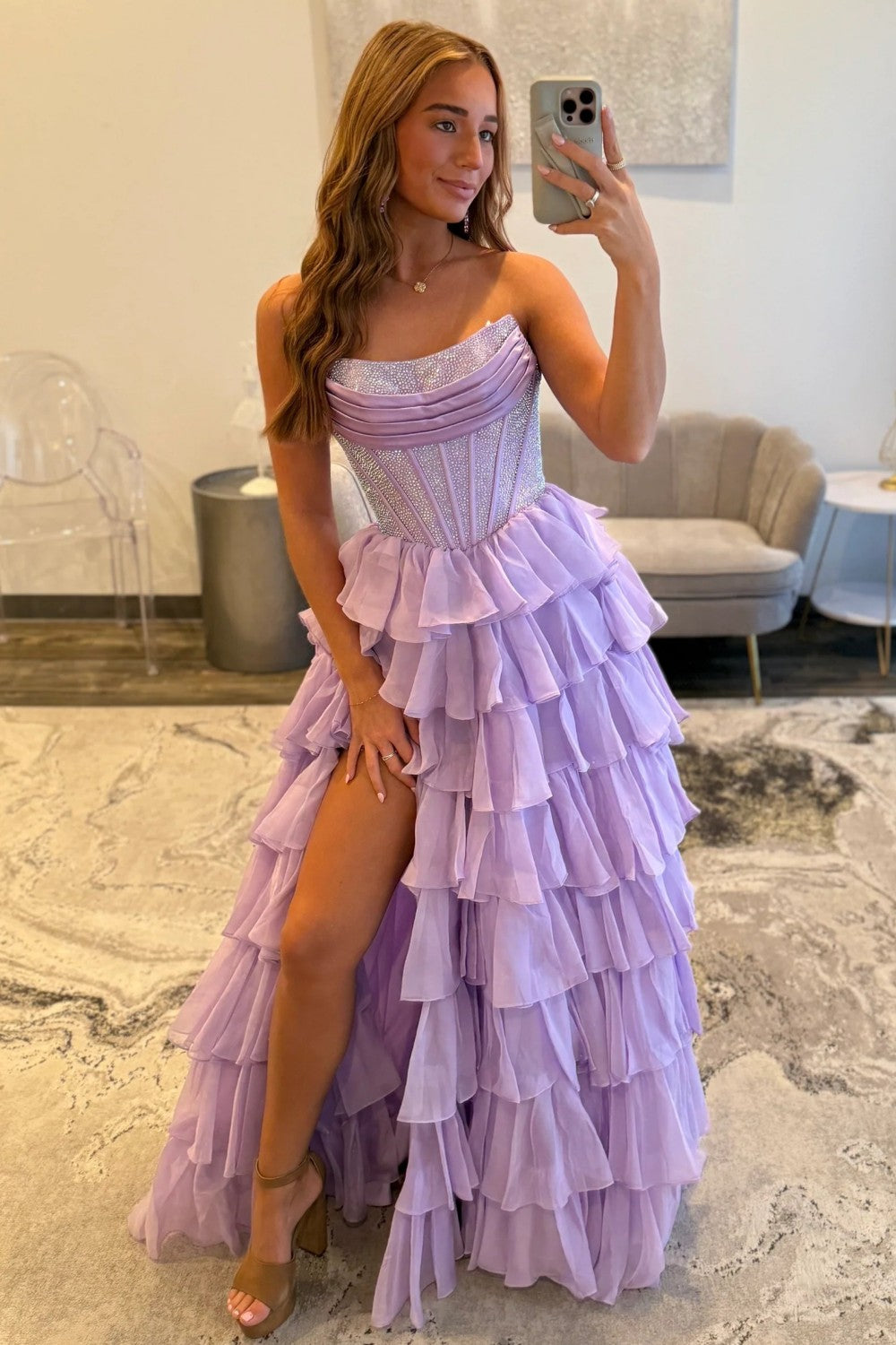 Romantic Red Strapless Tiered Ruffle Prom Dress with Corset Bodice and High Slit