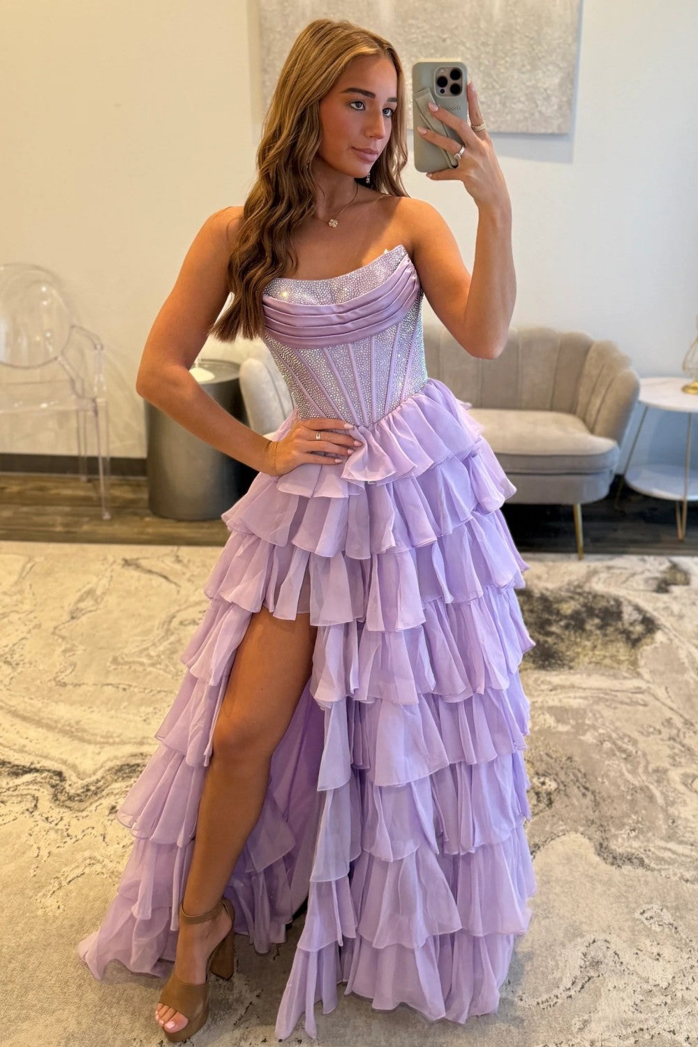 Romantic Red Strapless Tiered Ruffle Prom Dress with Corset Bodice and High Slit