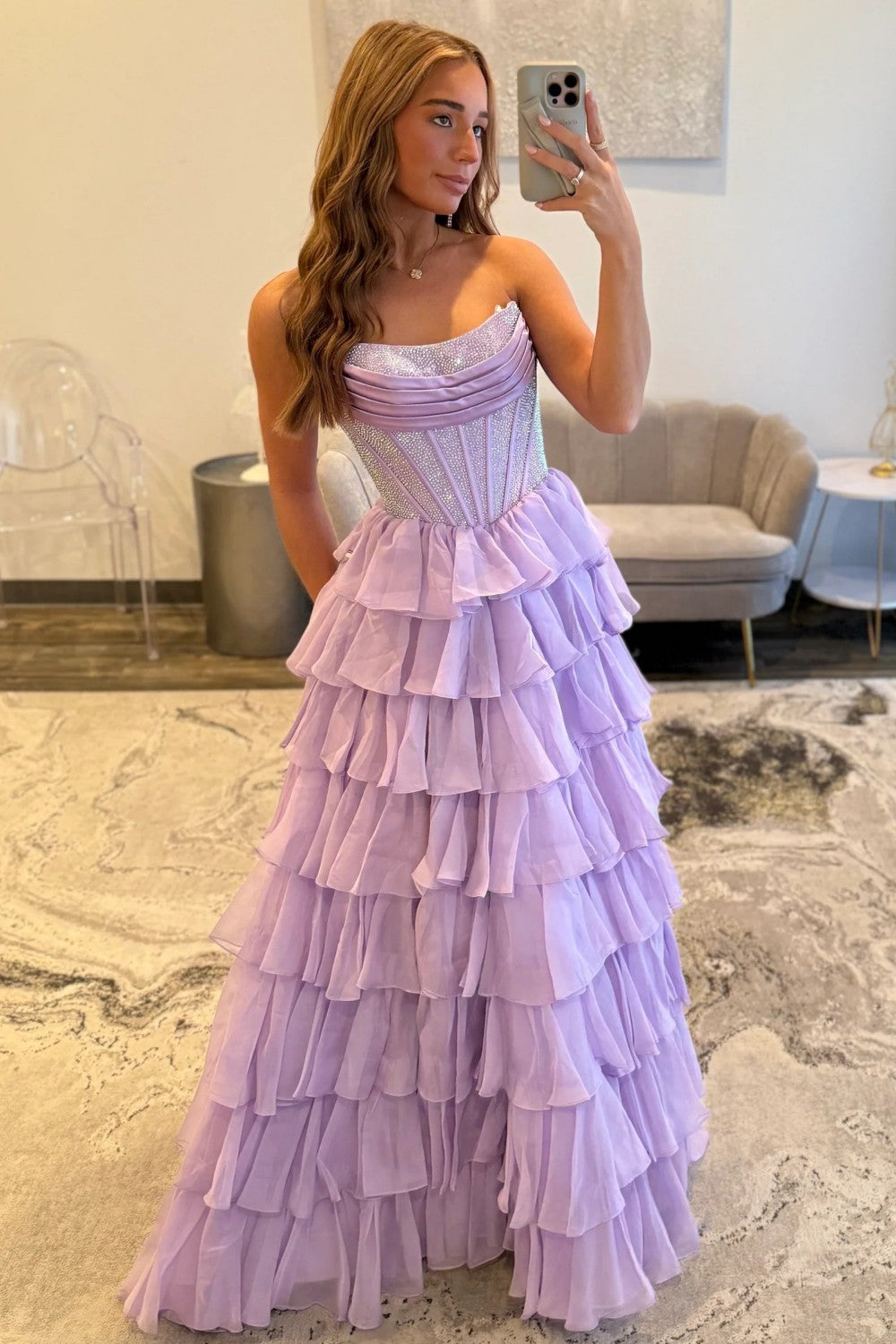 Romantic Red Strapless Tiered Ruffle Prom Dress with Corset Bodice and High Slit