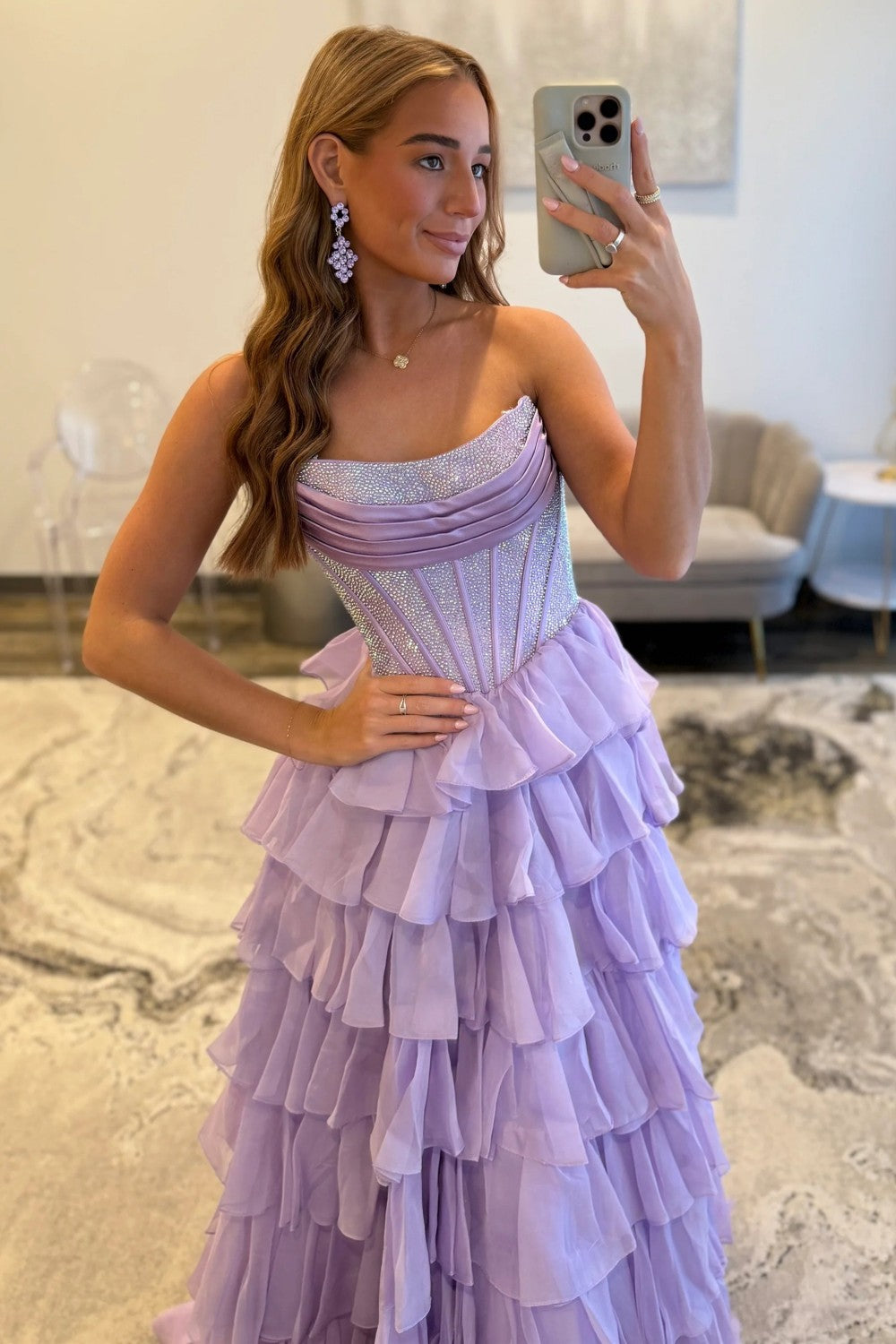 Romantic Red Strapless Tiered Ruffle Prom Dress with Corset Bodice and High Slit
