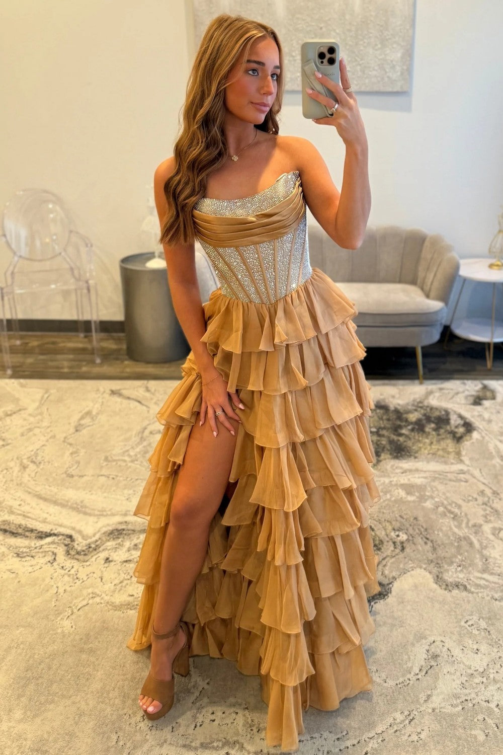 Romantic Red Strapless Tiered Ruffle Prom Dress with Corset Bodice and High Slit