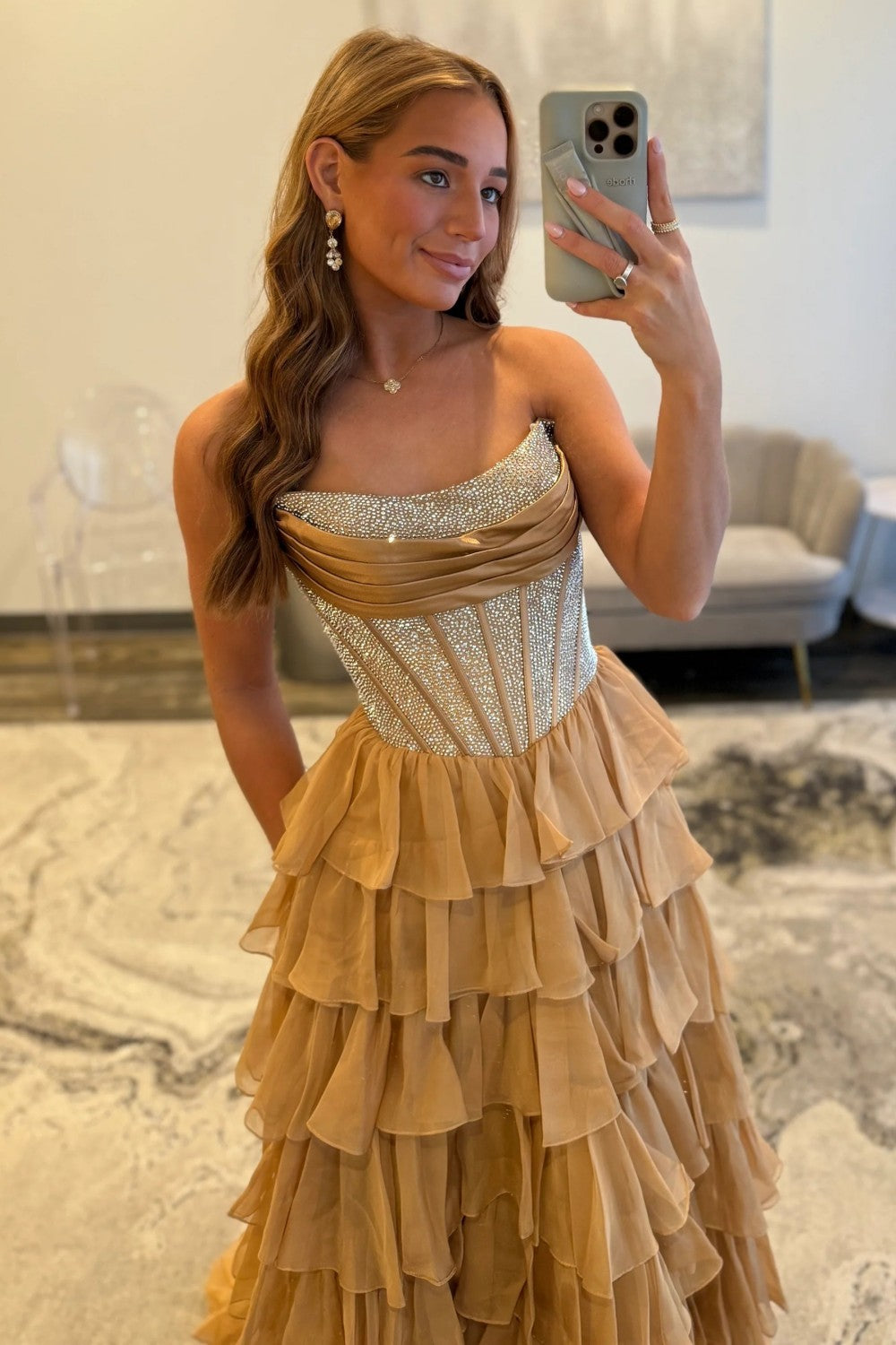 Romantic Red Strapless Tiered Ruffle Prom Dress with Corset Bodice and High Slit