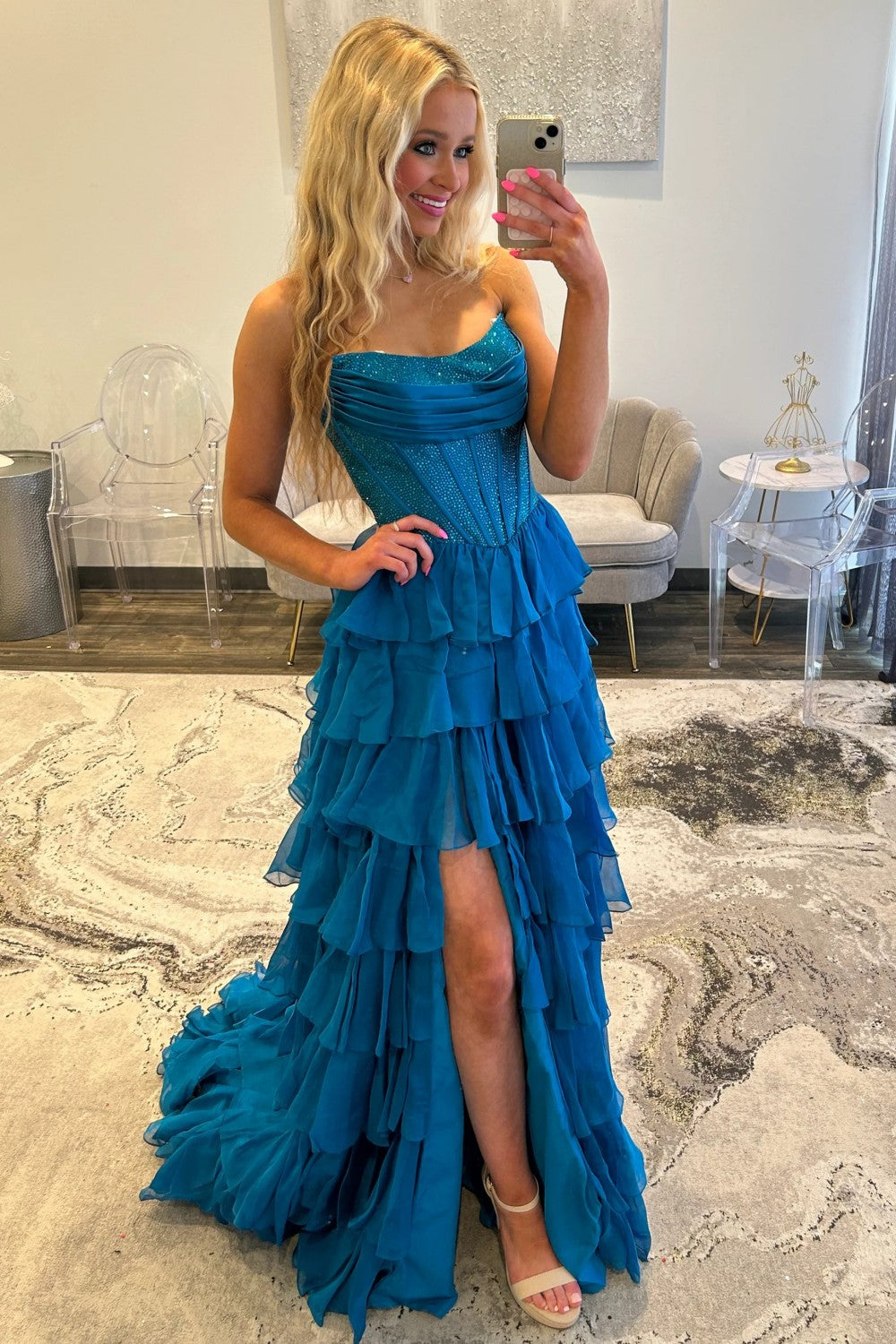 Romantic Red Strapless Tiered Ruffle Prom Dress with Corset Bodice and High Slit