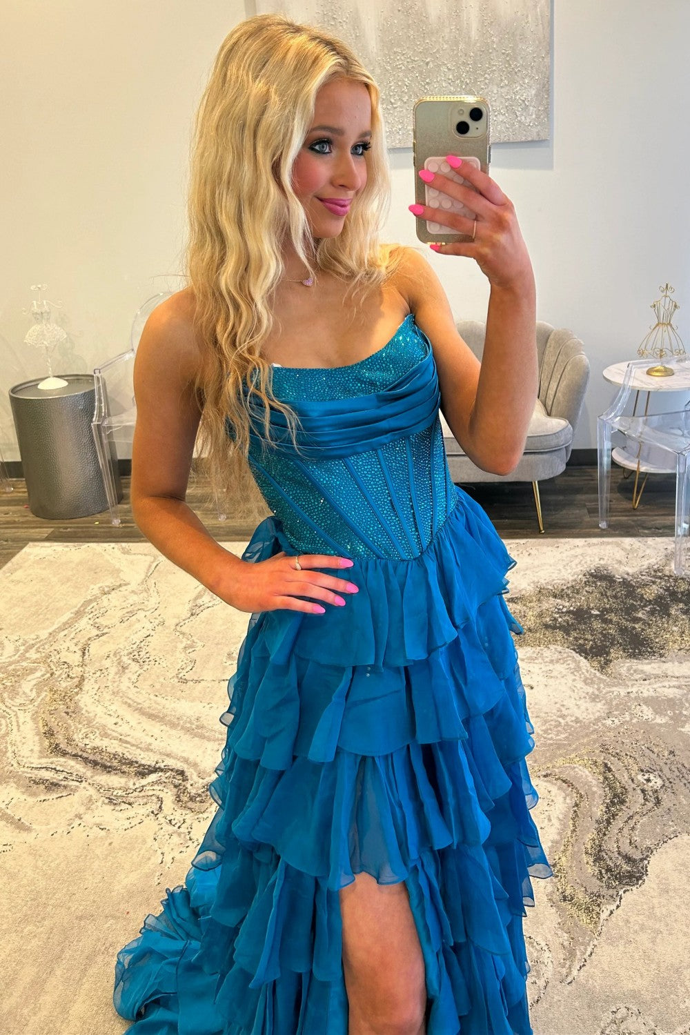 Romantic Red Strapless Tiered Ruffle Prom Dress with Corset Bodice and High Slit