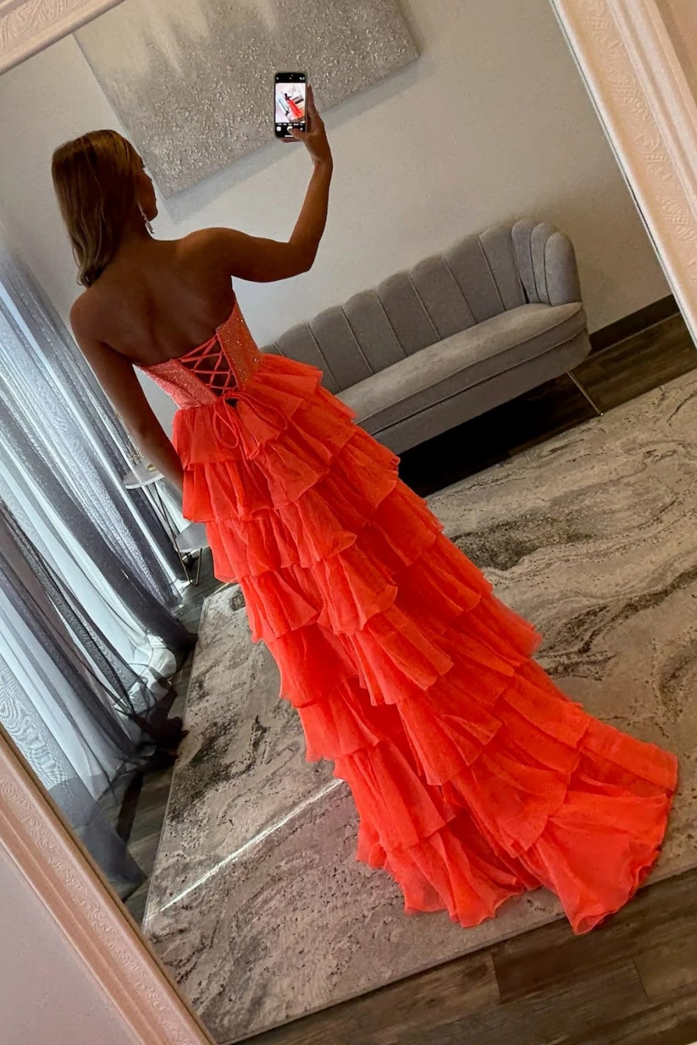 Romantic Red Strapless Tiered Ruffle Prom Dress with Corset Bodice and High Slit