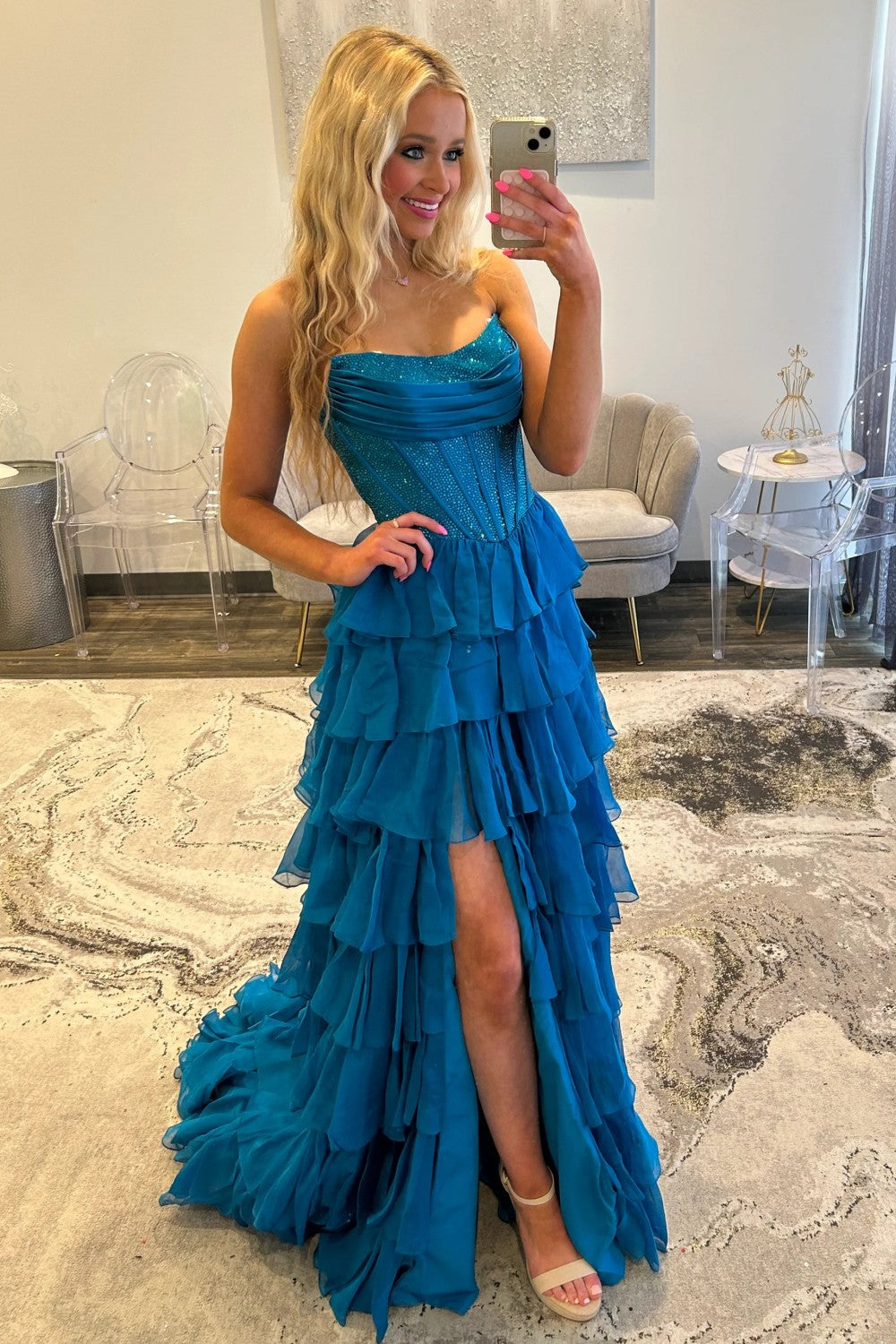 Romantic Red Strapless Tiered Ruffle Prom Dress with Corset Bodice and High Slit