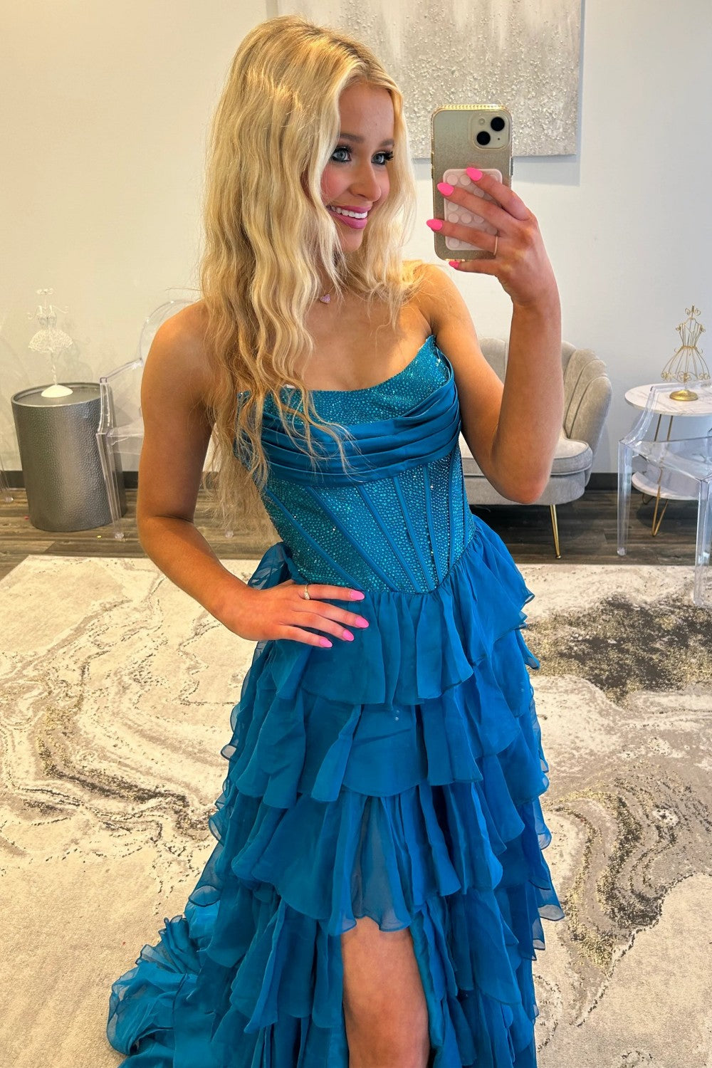 Romantic Red Strapless Tiered Ruffle Prom Dress with Corset Bodice and High Slit