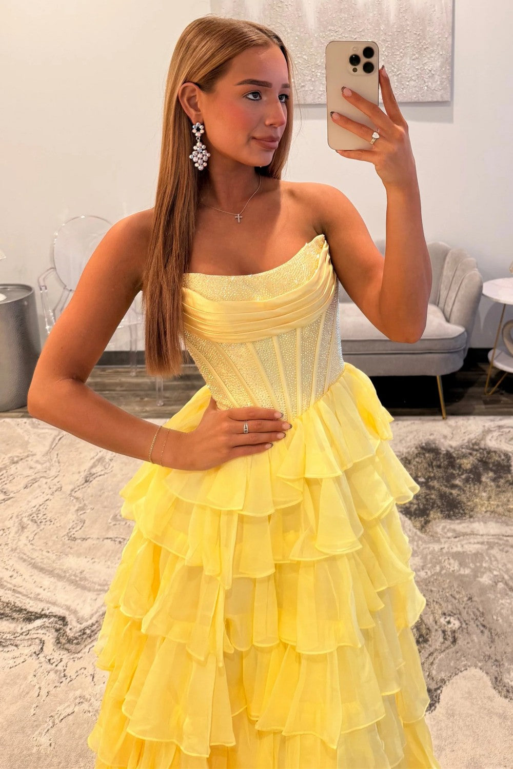 Romantic Red Strapless Tiered Ruffle Prom Dress with Corset Bodice and High Slit