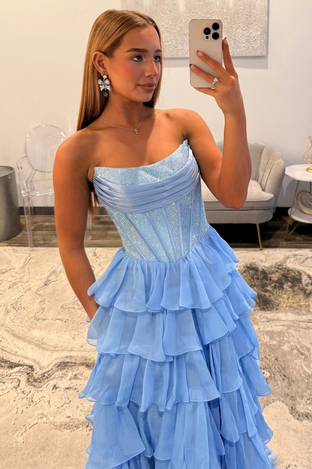 Romantic Red Strapless Tiered Ruffle Prom Dress with Corset Bodice and High Slit