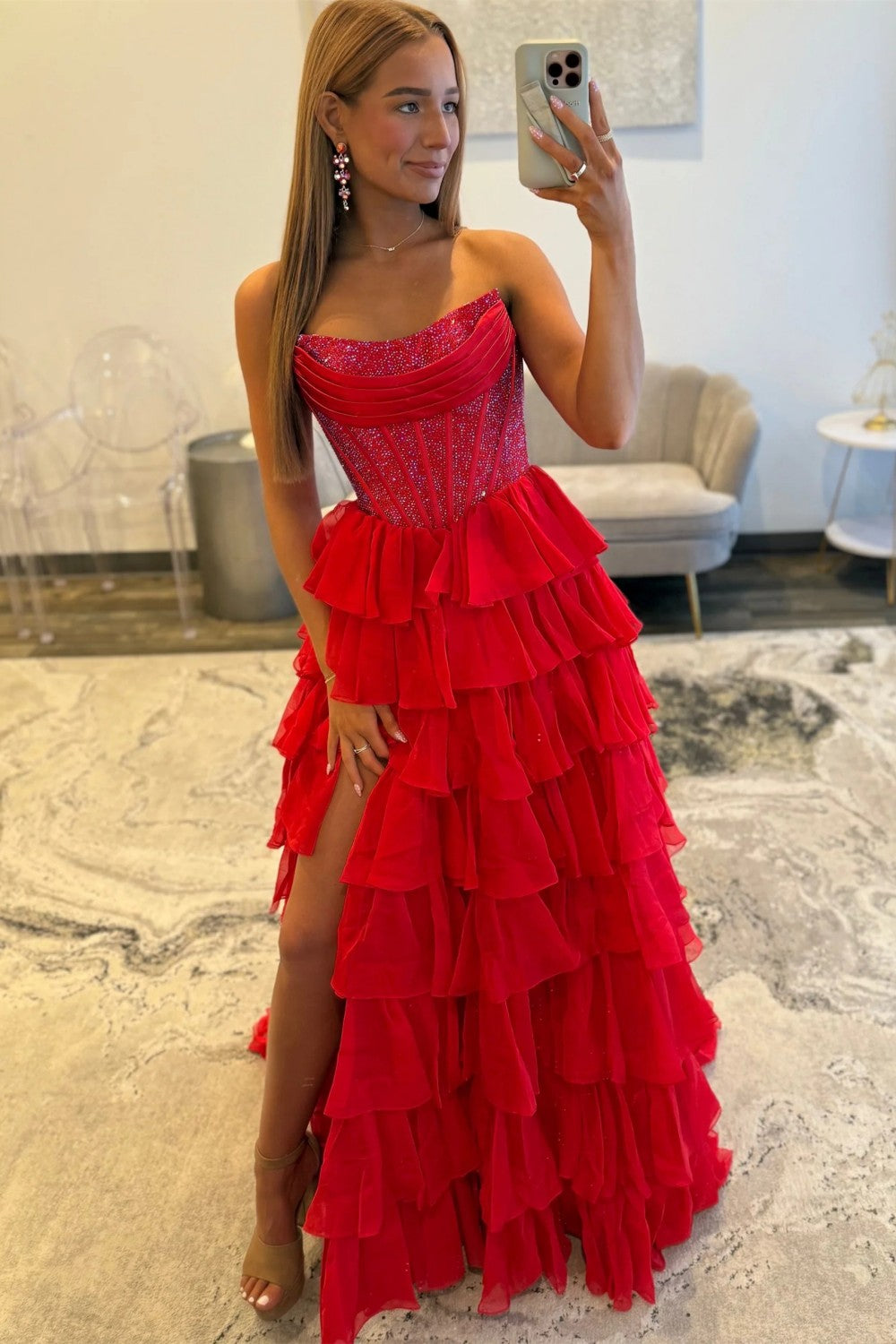 Romantic Red Strapless Tiered Ruffle Prom Dress with Corset Bodice and High Slit
