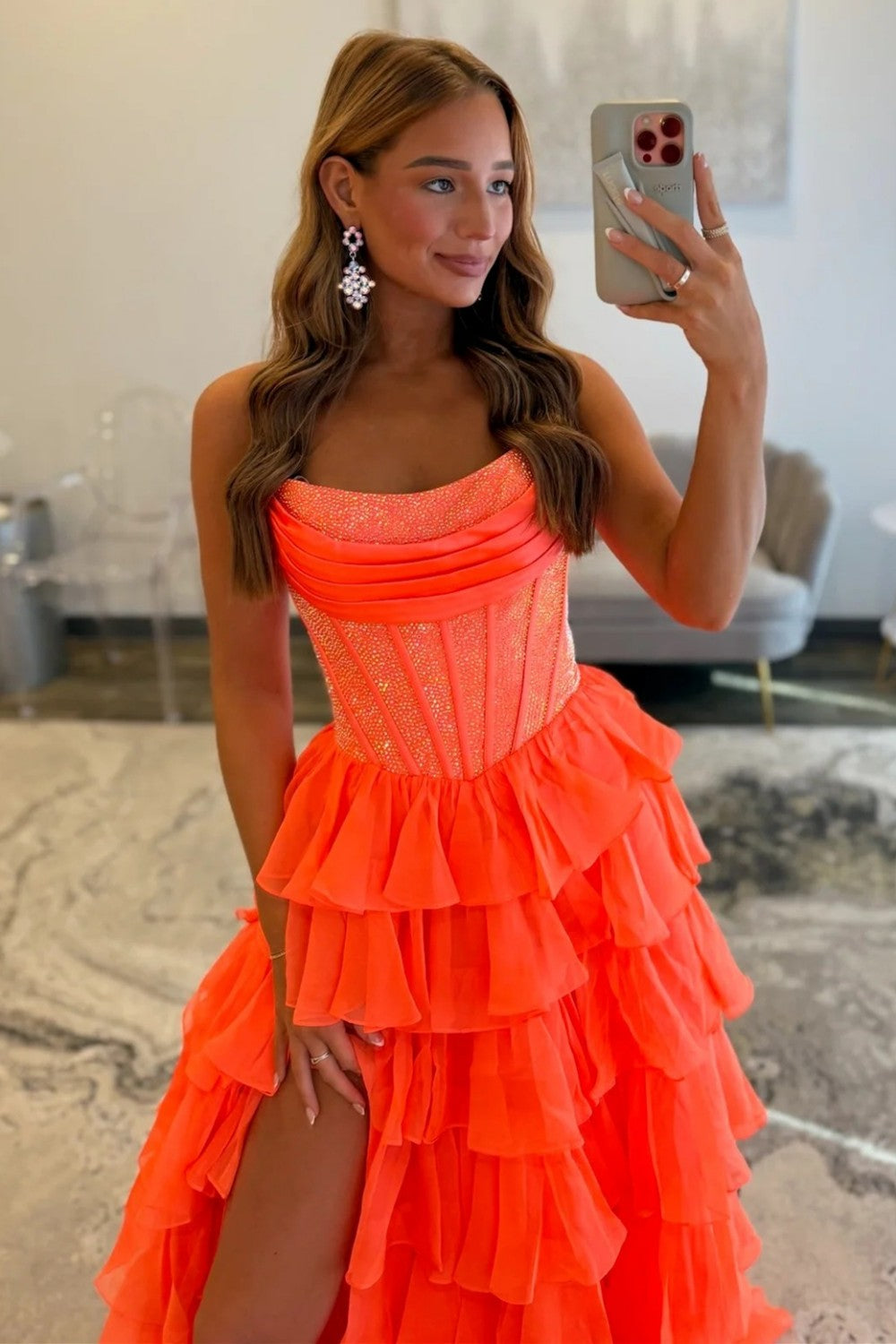Romantic Red Strapless Tiered Ruffle Prom Dress with Corset Bodice and High Slit