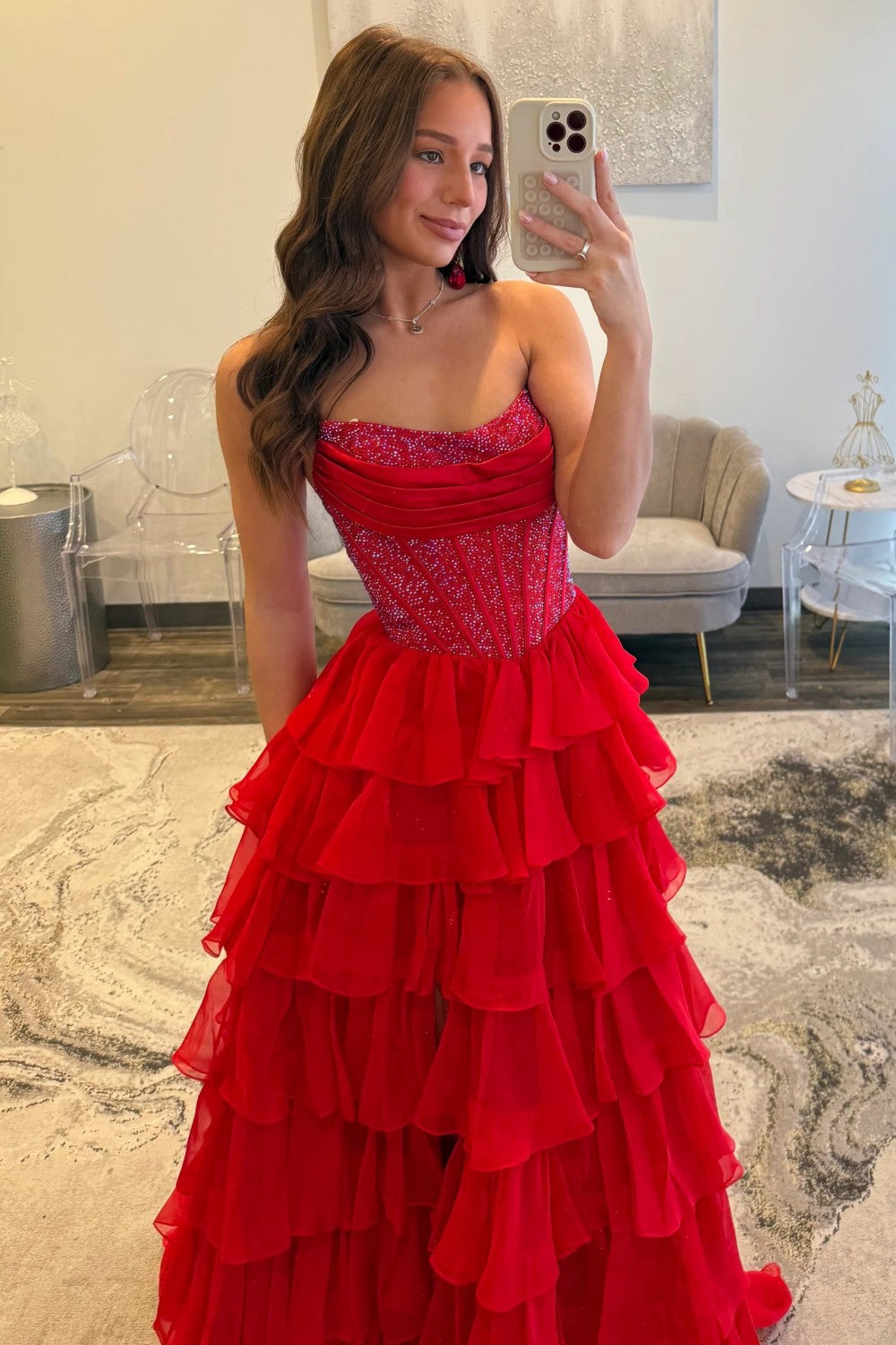 Romantic Red Strapless Tiered Ruffle Prom Dress with Corset Bodice and High Slit