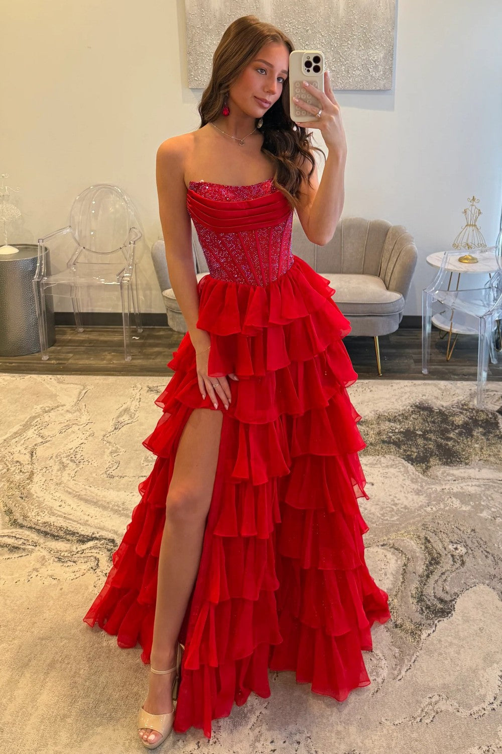 Romantic Red Strapless Tiered Ruffle Prom Dress with Corset Bodice and High Slit