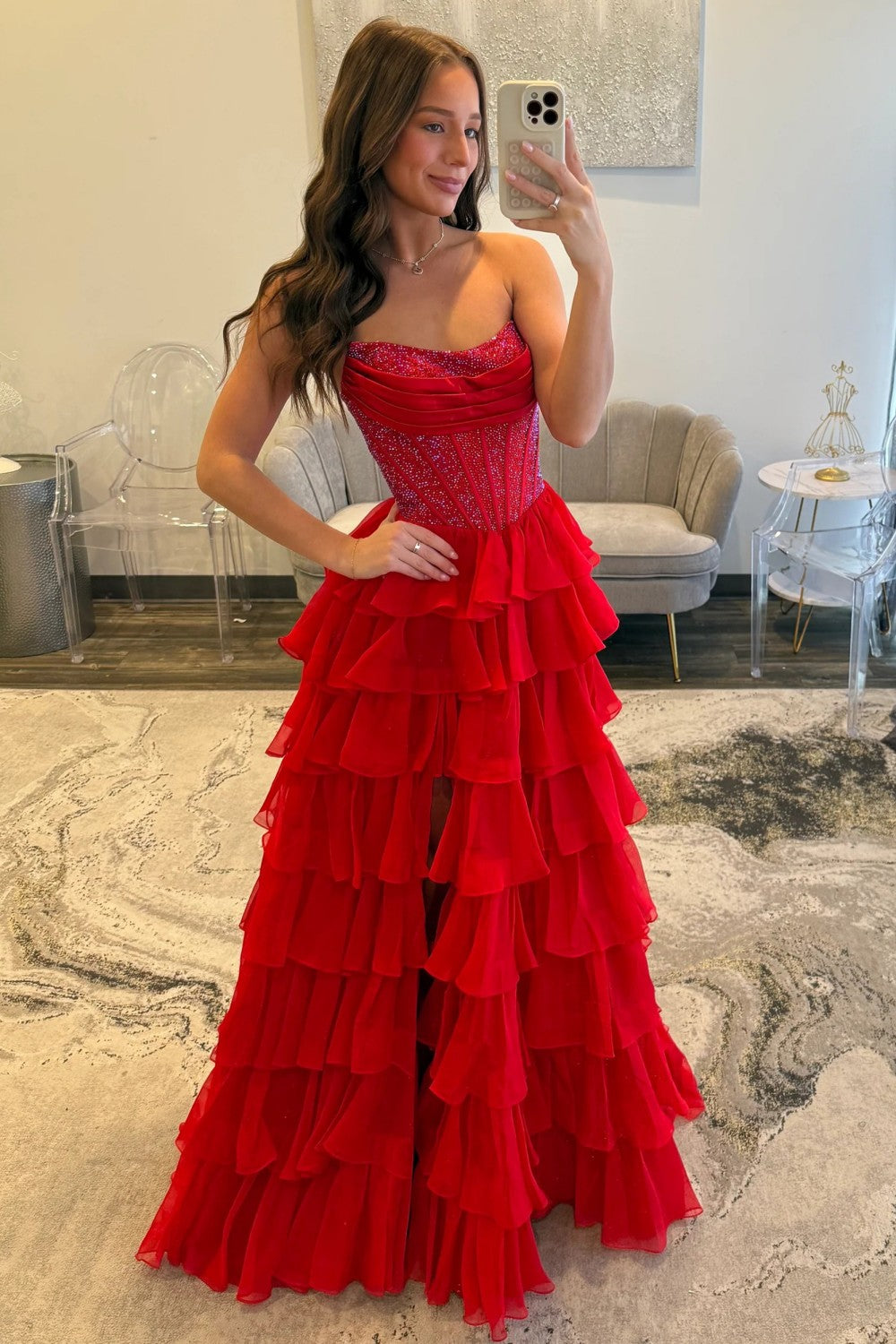 Romantic Red Strapless Tiered Ruffle Prom Dress with Corset Bodice and High Slit