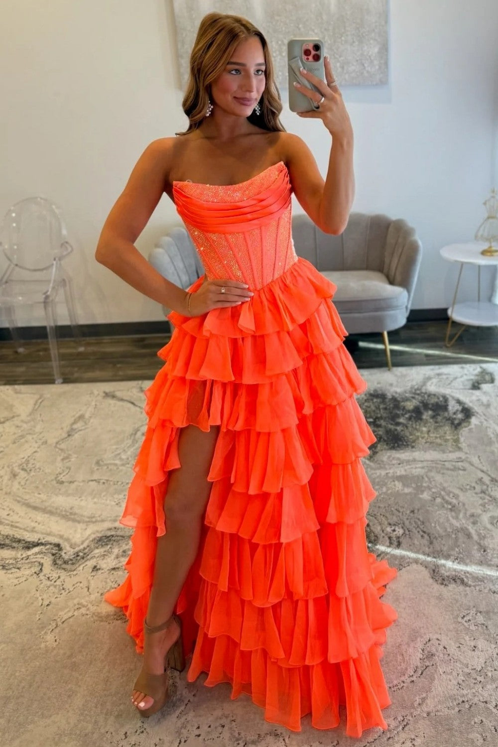 Romantic Red Strapless Tiered Ruffle Prom Dress with Corset Bodice and High Slit