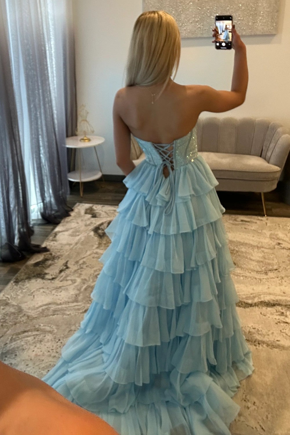 Romantic Red Strapless Tiered Ruffle Prom Dress with Corset Bodice and High Slit