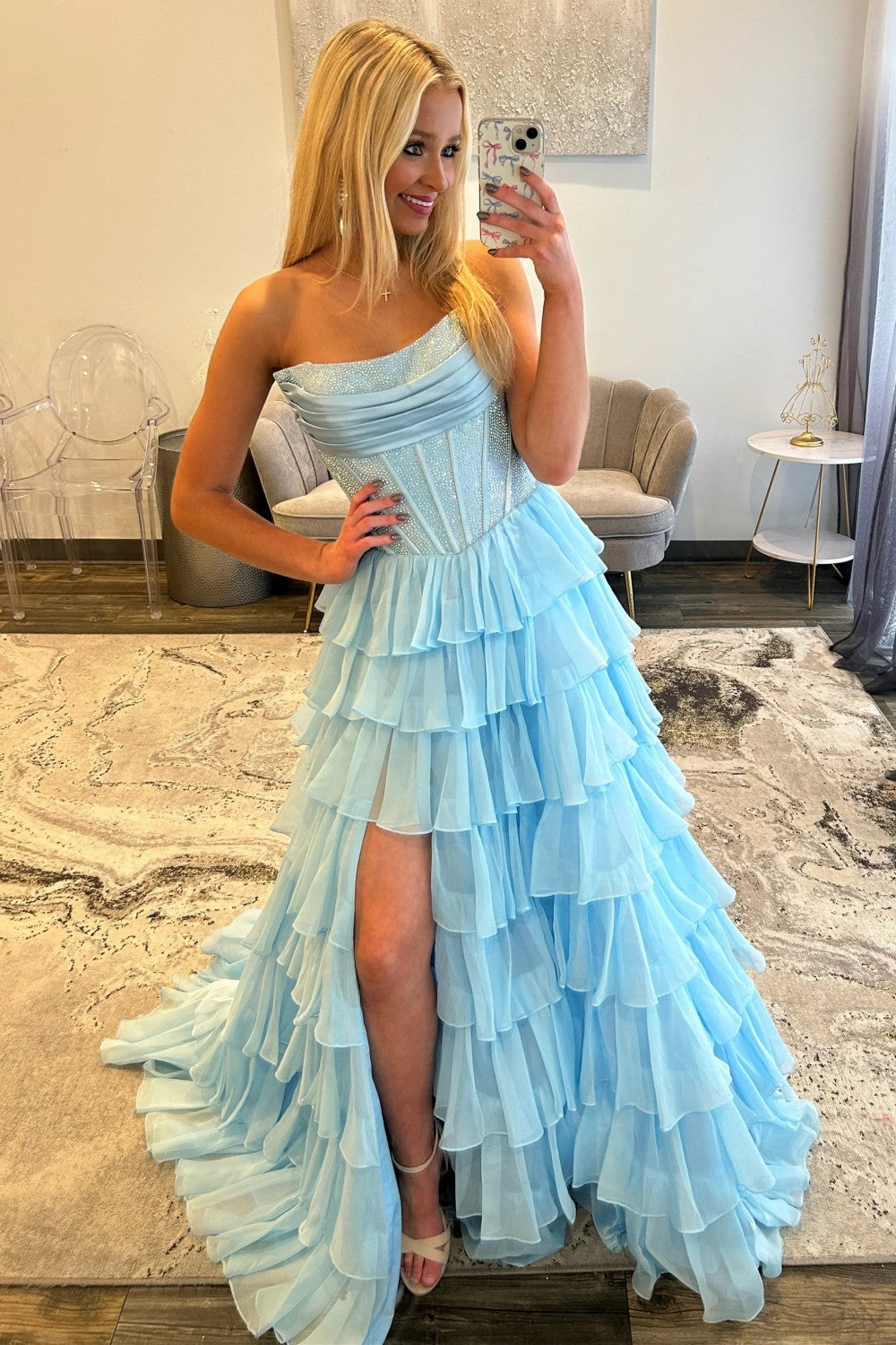 Romantic Red Strapless Tiered Ruffle Prom Dress with Corset Bodice and High Slit