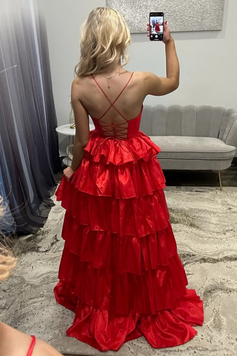 Romantic Red Tiered Spaghetti Straps Ruffle Satin Prom Dress with Slit