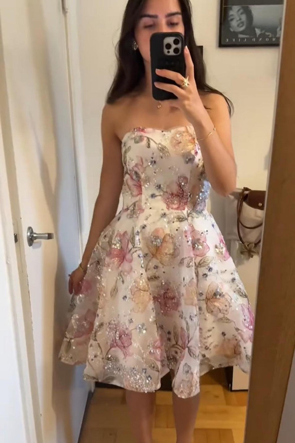 Romantic Strapless Floral Homecoming Dress with Sparkly Sequin Embroidery