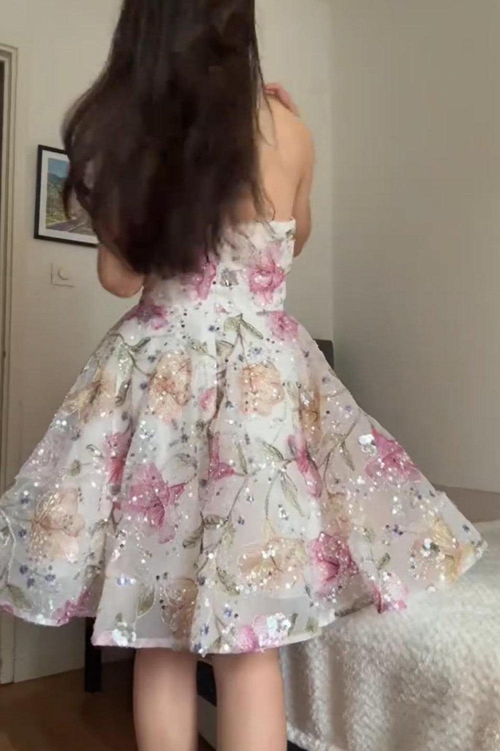 Romantic Strapless Floral Homecoming Dress with Sparkly Sequin Embroidery