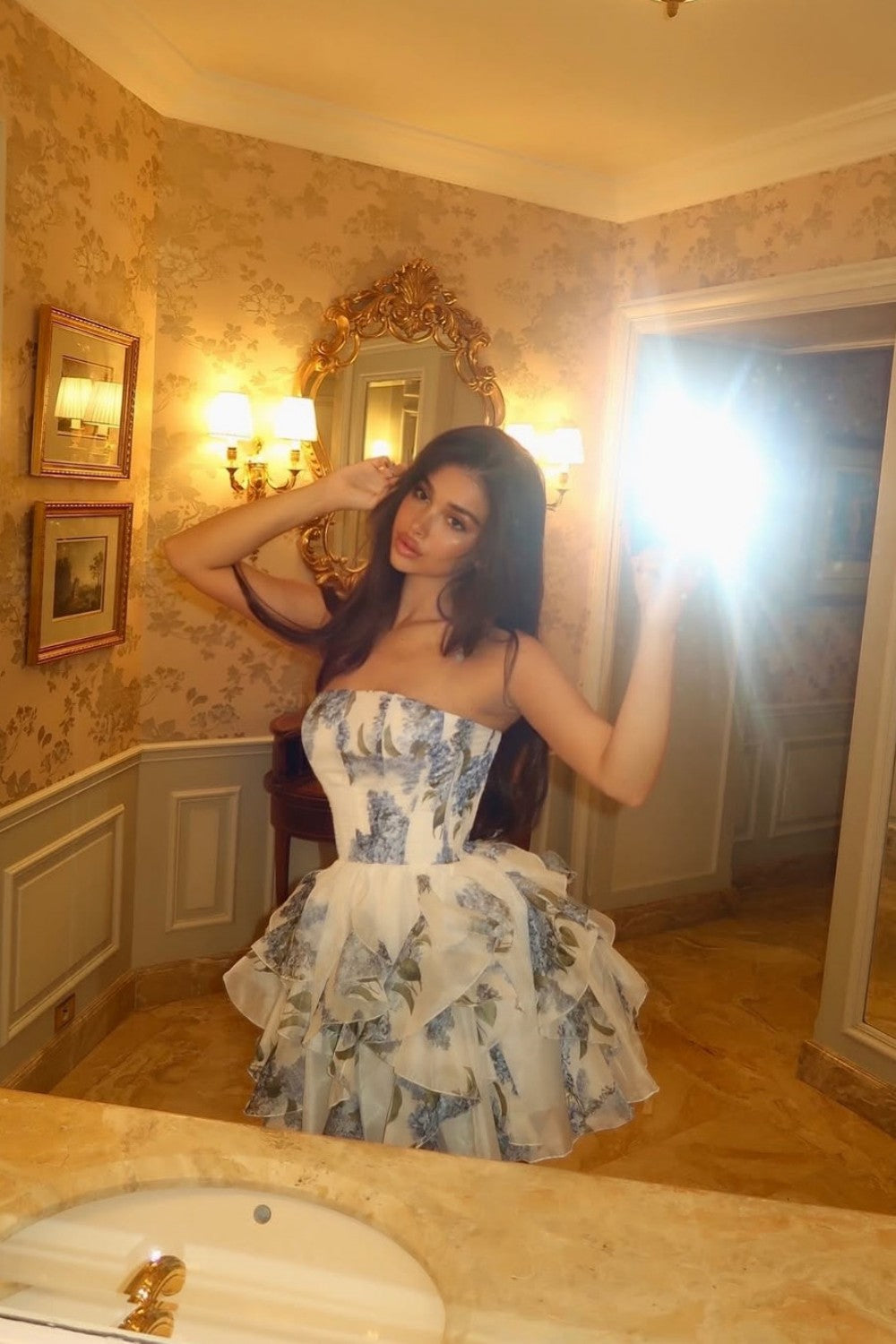 Romantic Strapless Floral Ruffle Homecoming Dress with Corset Bodice and Layered Skirt
