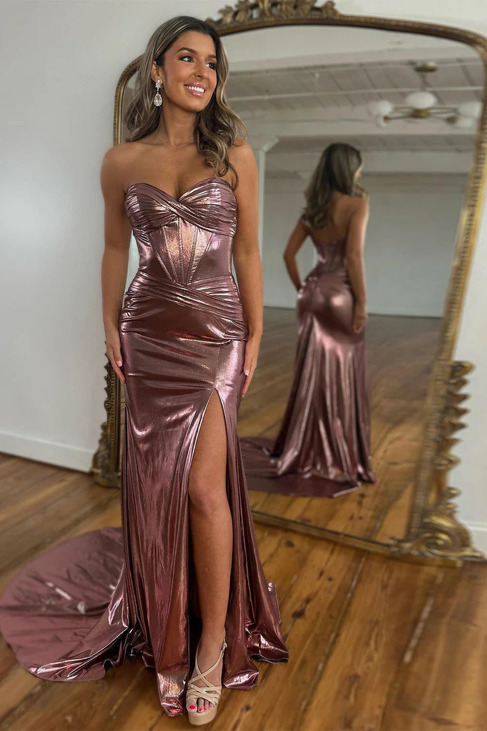 Royal Blue Metallic Sweetheart Corset Prom Dress with Ruched Waist and Thigh Slit