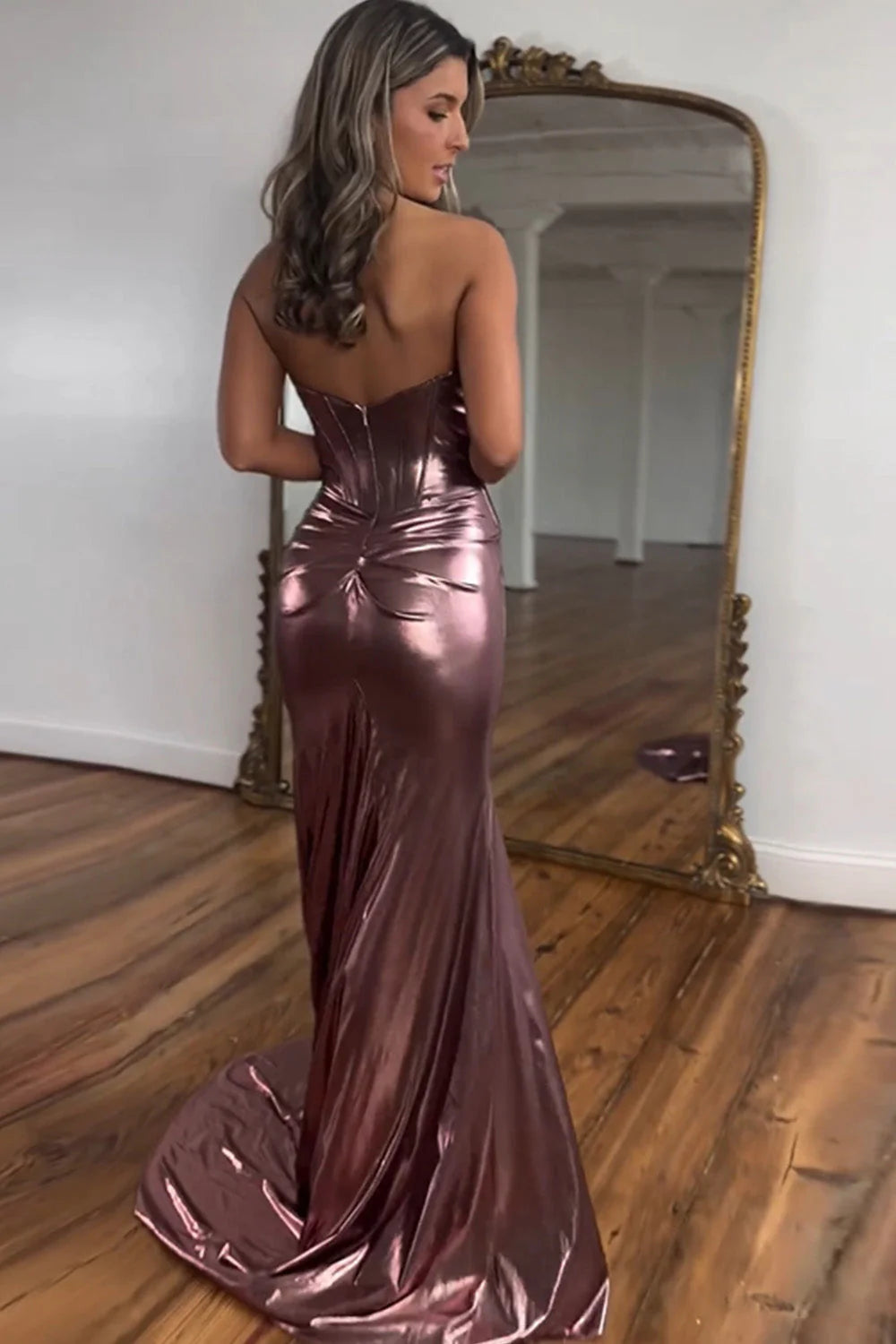 Royal Blue Metallic Sweetheart Corset Prom Dress with Ruched Waist and Thigh Slit