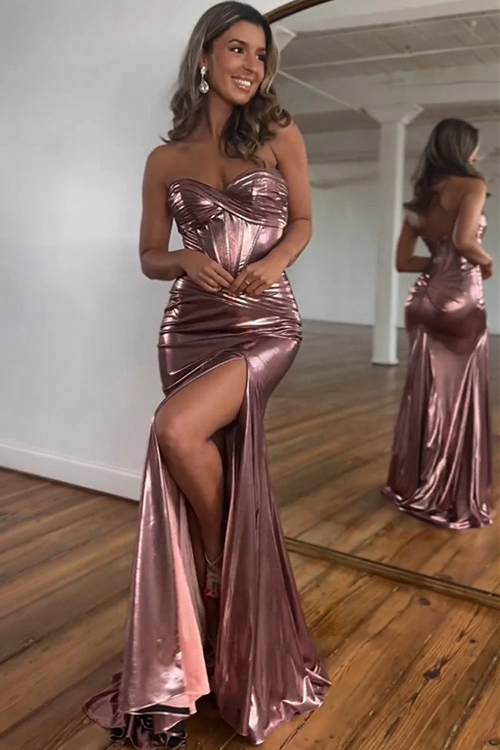Royal Blue Metallic Sweetheart Corset Prom Dress with Ruched Waist and Thigh Slit