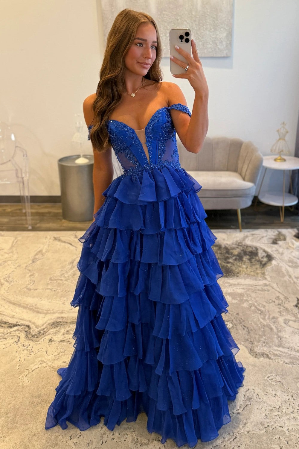 Royal Blue Off Shoulder Sweetheart Prom Dress with Beaded Illusion Bodice and Layered Ruffle Slit Skirt