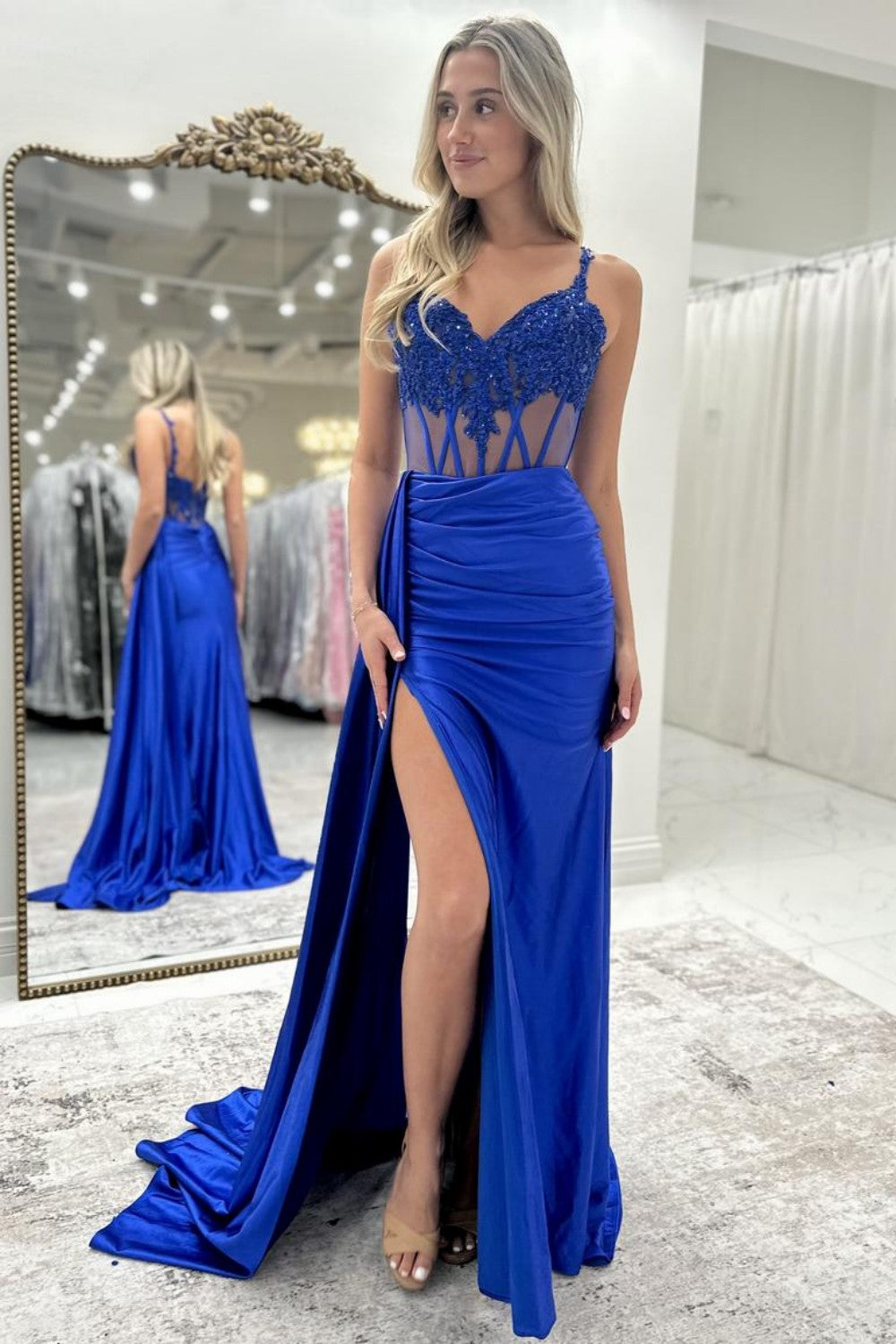 Royal Blue Spaghetti Straps Prom Dress with Lace Top and Slit