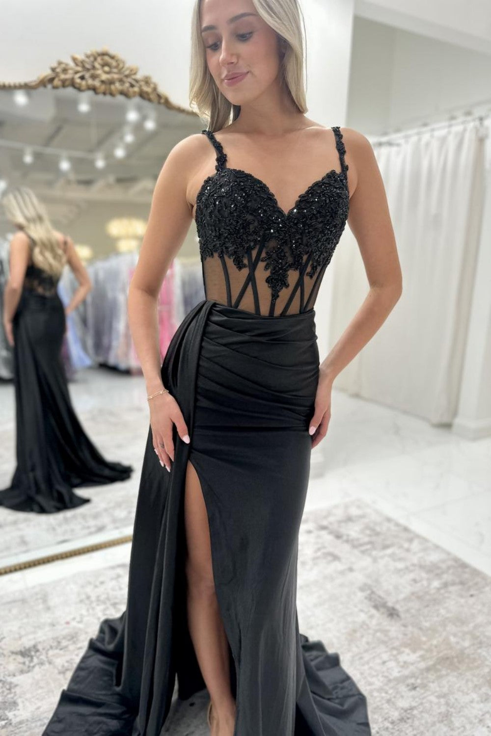 Royal Blue Spaghetti Straps Prom Dress with Lace Top and Slit