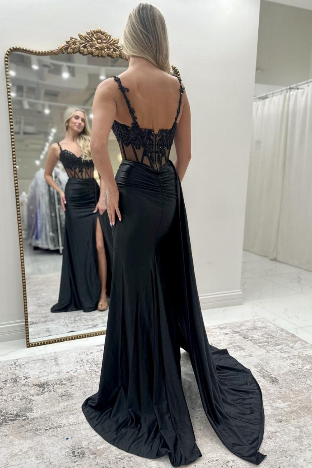 Royal Blue Spaghetti Straps Prom Dress with Lace Top and Slit
