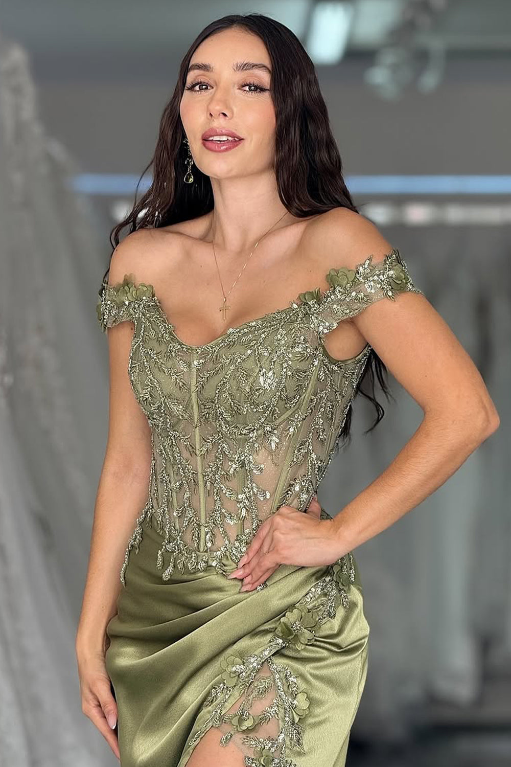 Sage Green Off-Shoulder Embellished Corset Prom Dress with High Slit