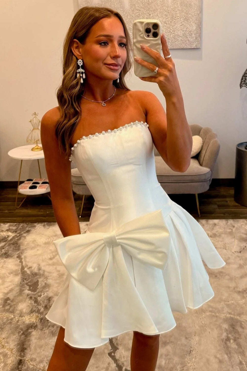 Strapless A-Line Satin Homecoming Dress with Corset Bodice and Oversized Bow