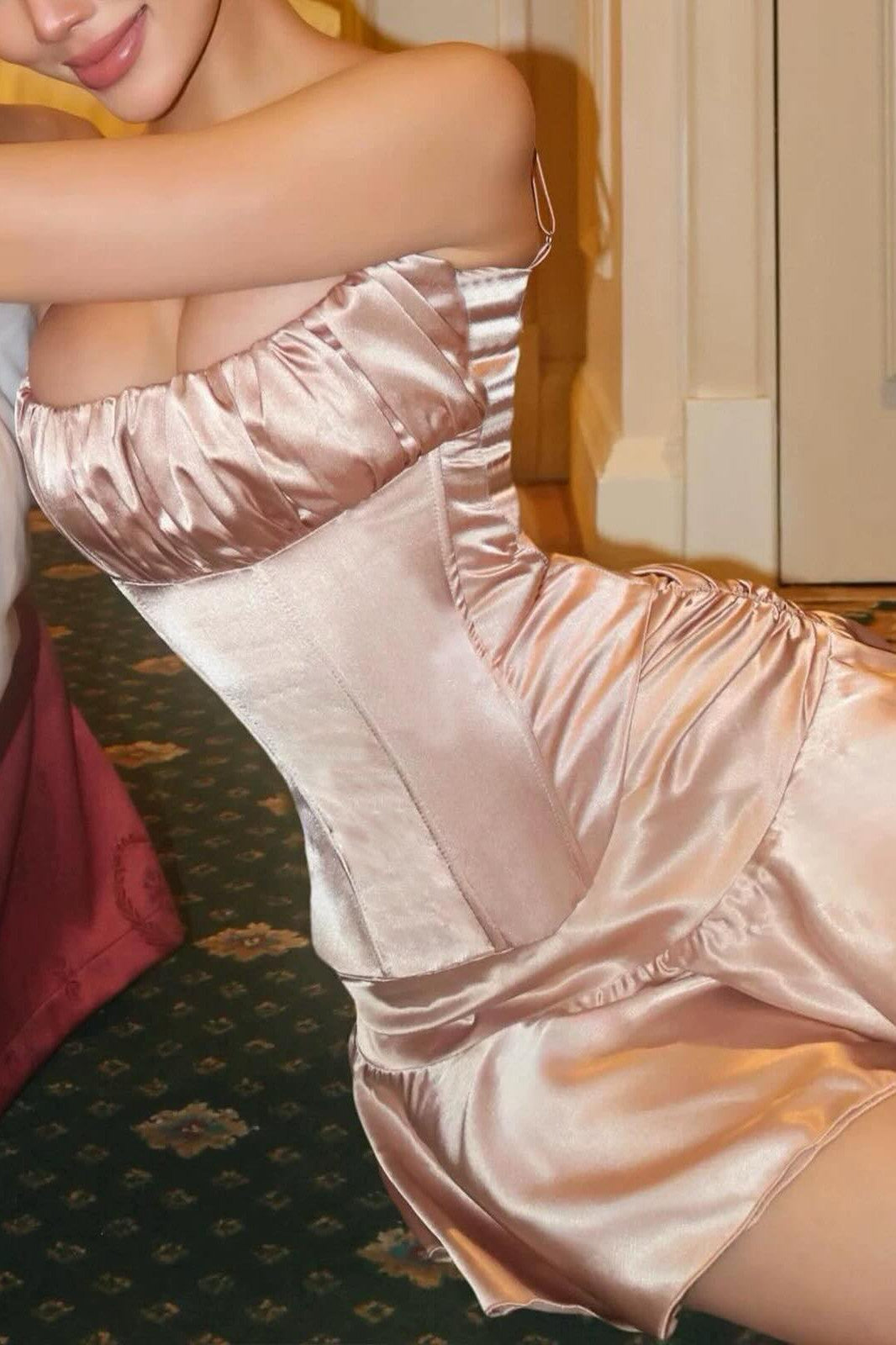 Satin Mini Homecoming Dress with Spaghetti Straps Corset Bodice and Ruched Bust