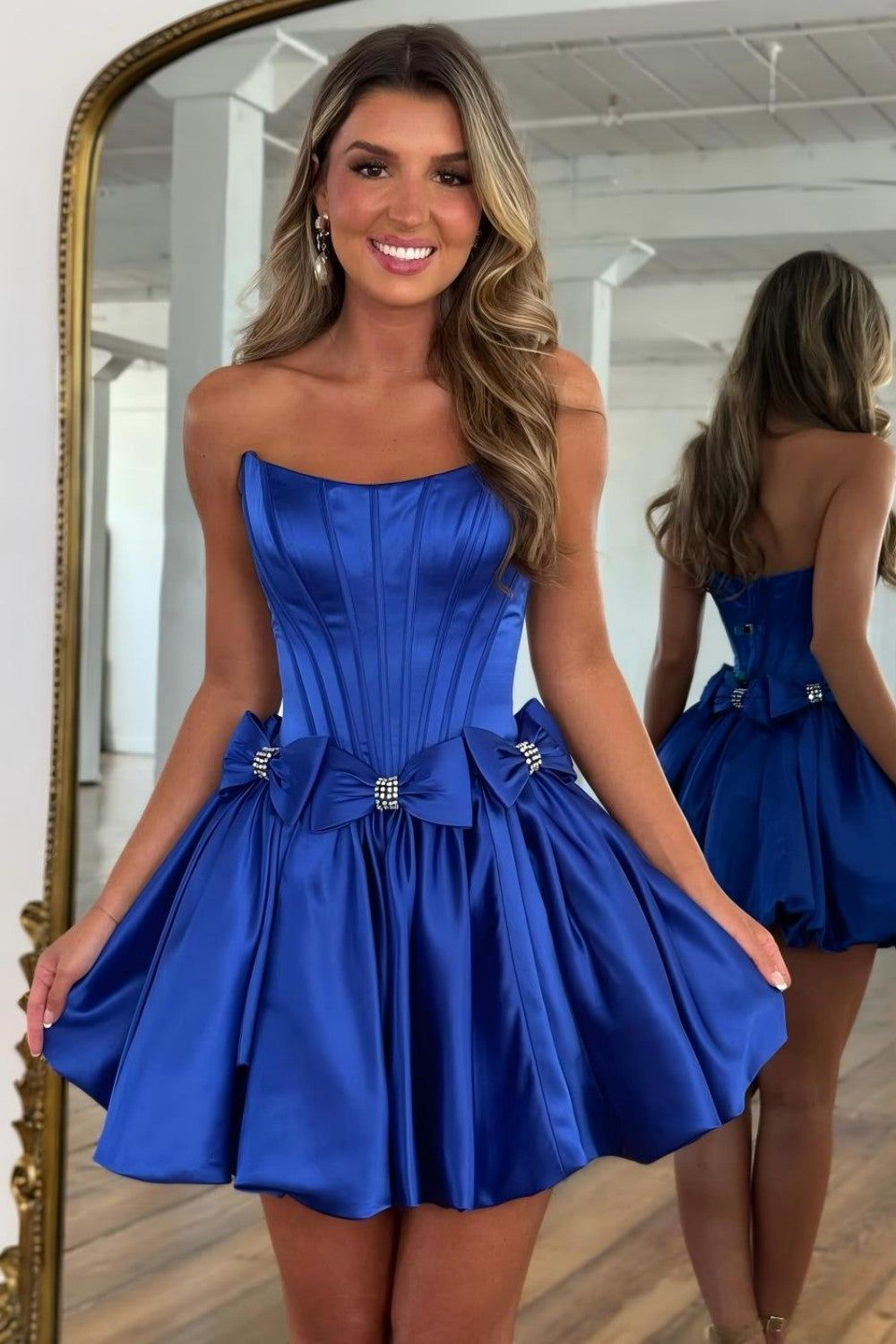 Satin Strapless Corset Homecoming Dress with Bow Embellished Skirt