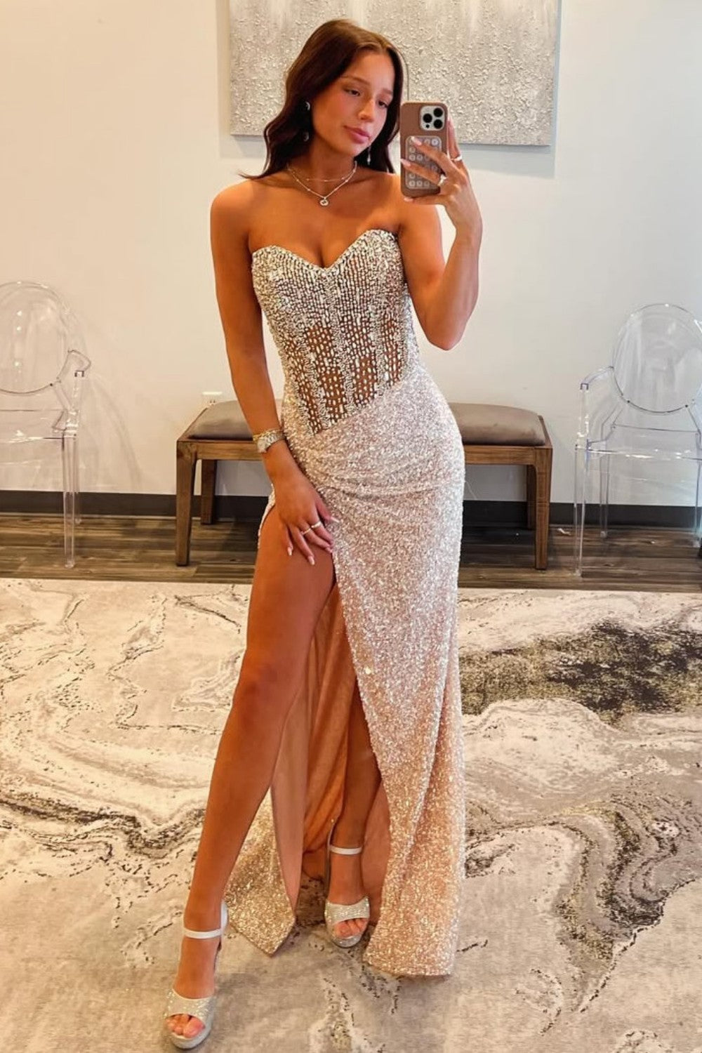 Sequin Champagne Corset Sweetheart High Slit Sparkly Mermaid Prom Dress